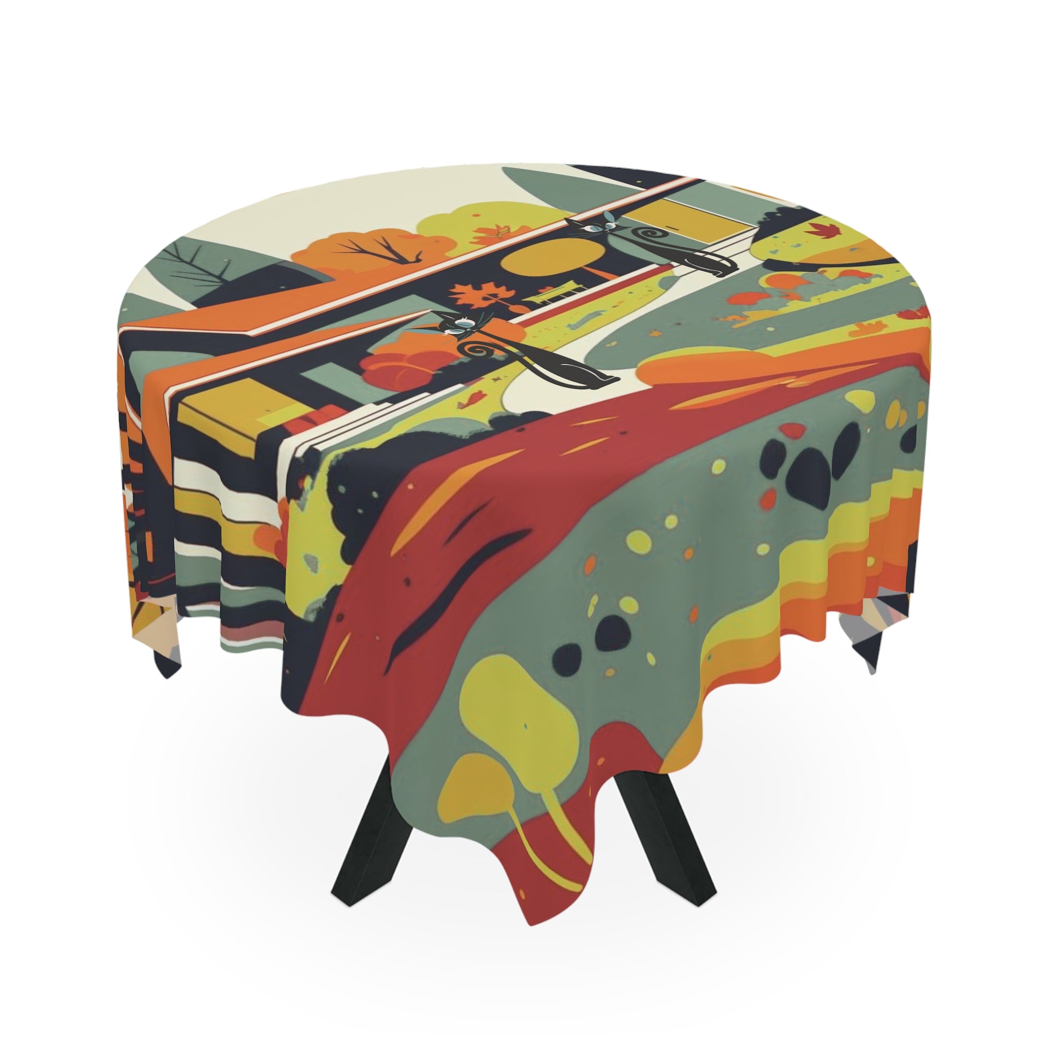 Scandinavian Fall Mid Century Modern Atomic Cat Kitschy Mod Seasonal Tablecloth - Mid Century Modern Gal