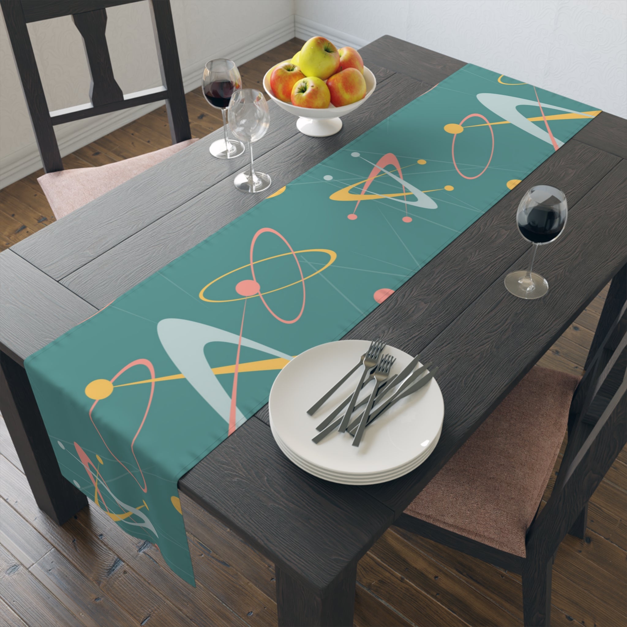 1950s Atomic Table Runner, Teal, Pink, Yellow Boomerang Abstract Retro Kitchen - Mid Century Modern Gal