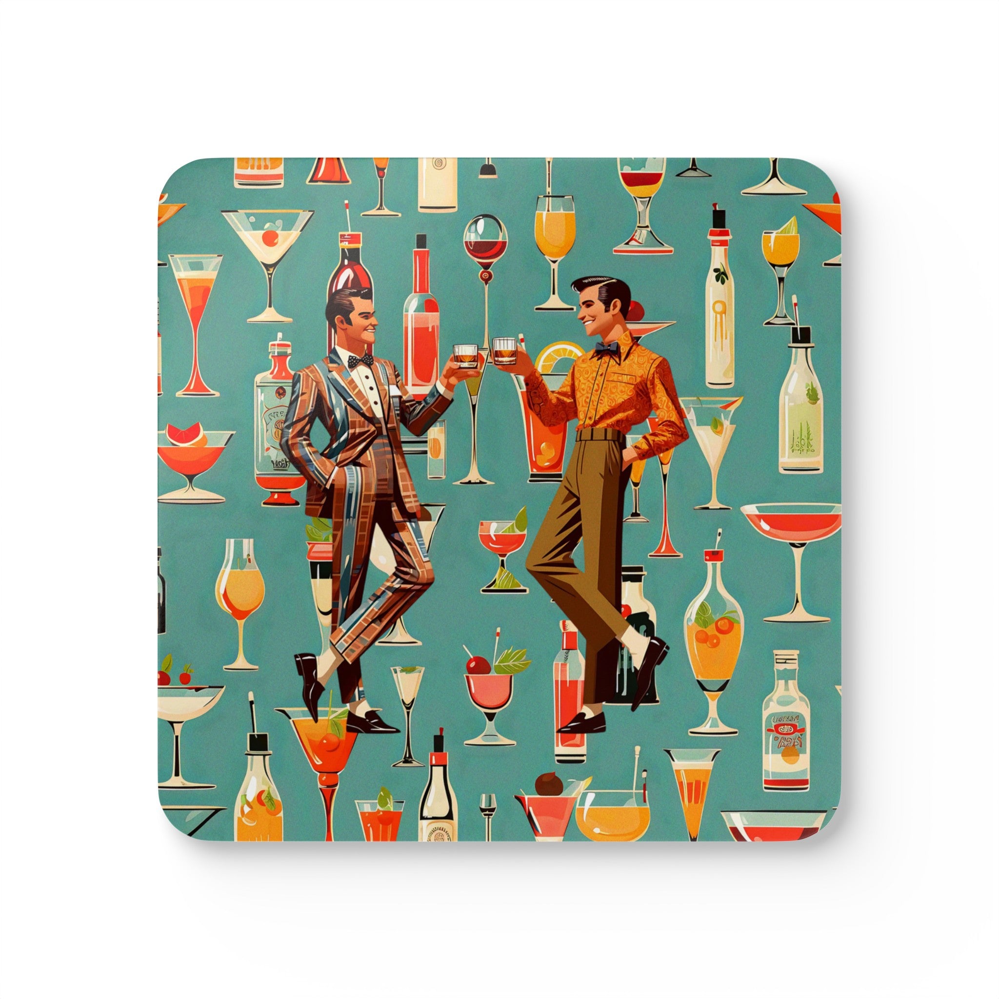 Atomic 50s Cocktail Coasters, Featuring Bourbon Drinking Dapper Males, MCM Style Corkwood Coaster Set - Mid Century Modern Gal