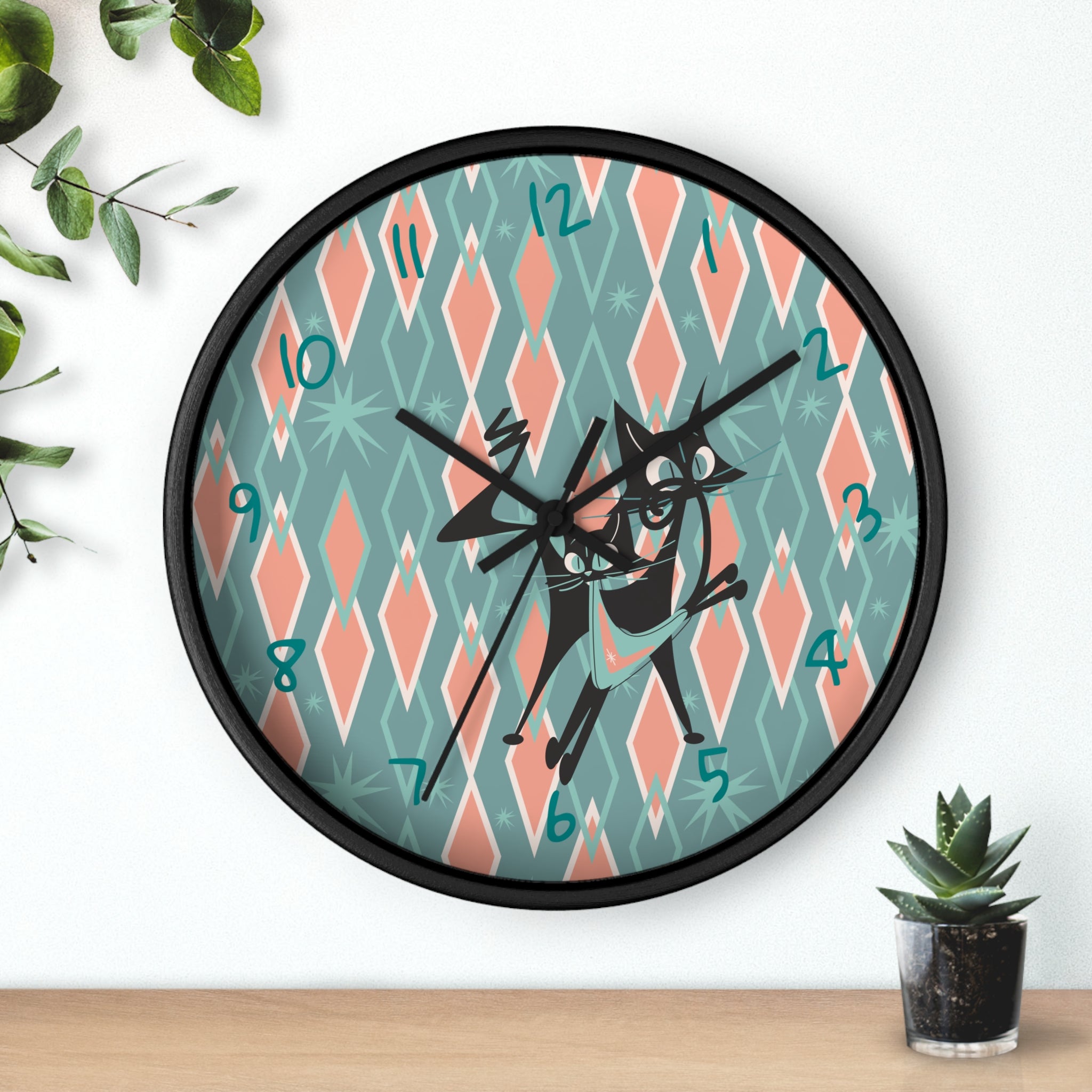 Retro Kitchen Wall Clock For Atomic Cat Black Cat Lovers, Mid Century Modern Designed, Teal, Pink Harlequin Diamond Designed MCM Clock - Mid Century Modern Gal
