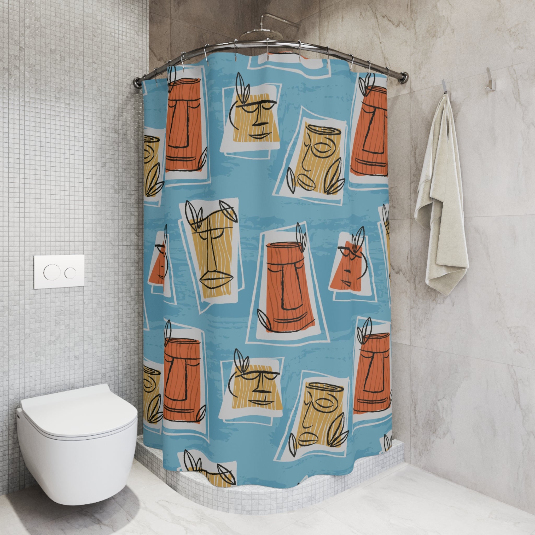 Mid Century Modern Tiki Man, Retro Blue, Yellow, Terracotta Shower Curtain - Mid Century Modern Gal