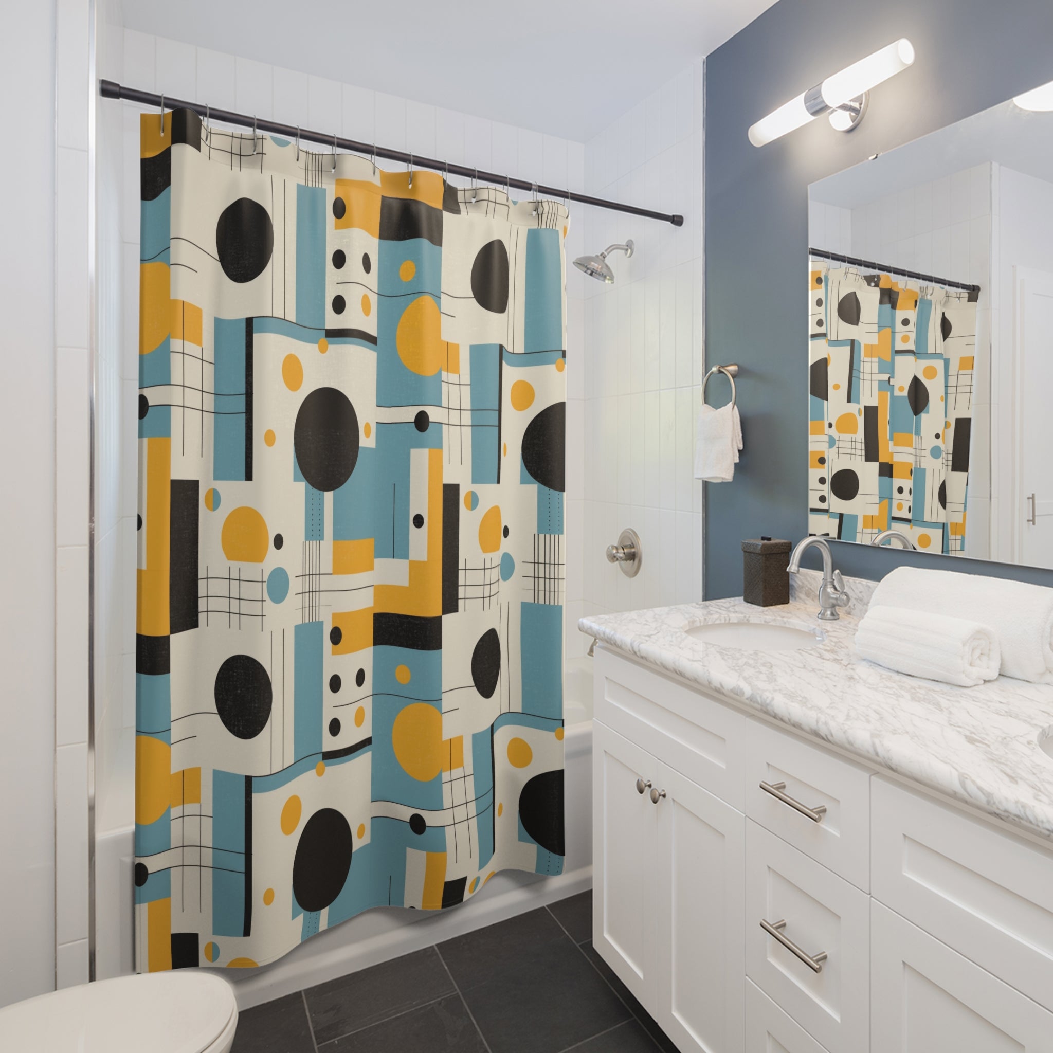 Bauhaus Mid Century Modern Geometric Blue, Yellow, Shower Curtain - Mid Century Modern Gal