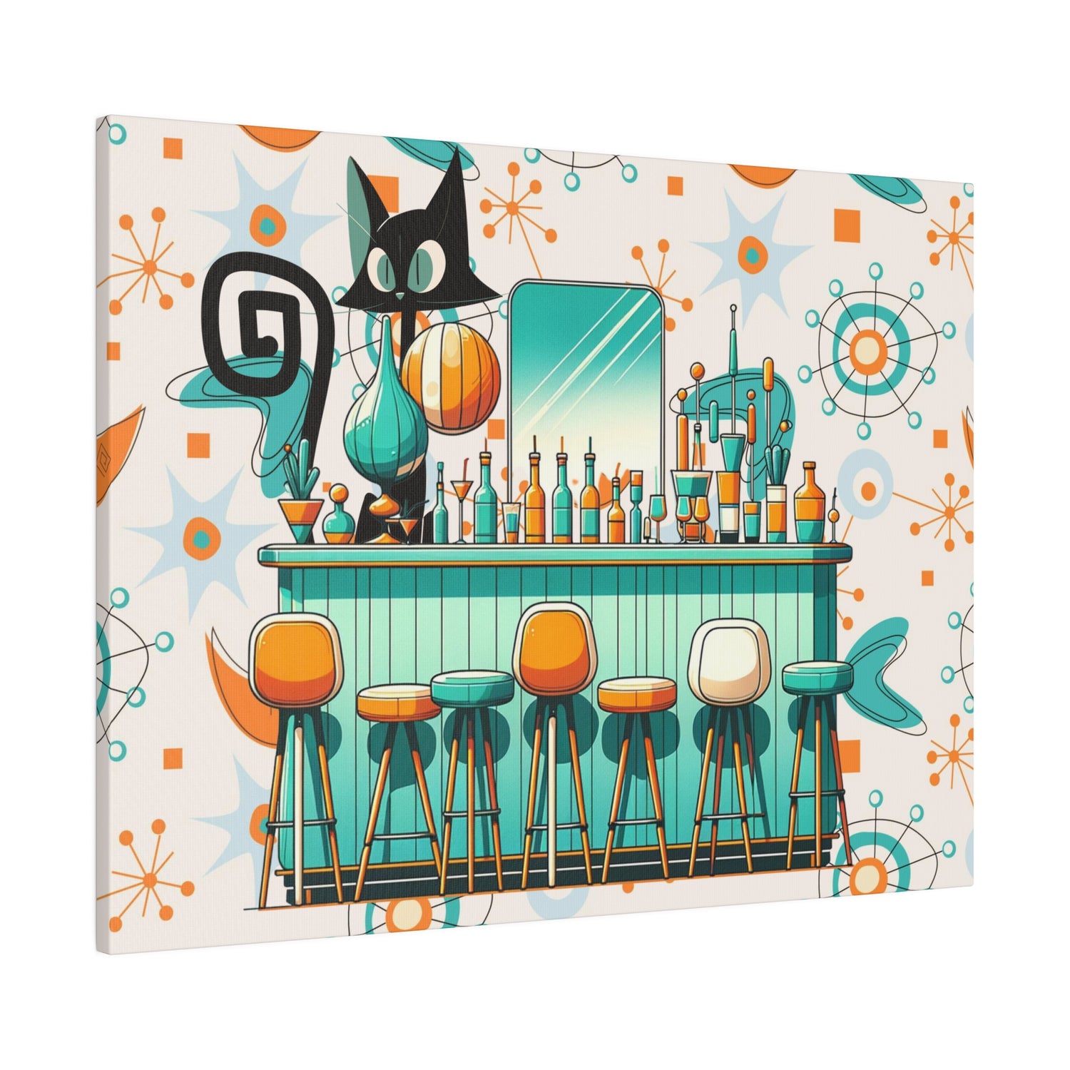 Atomic Cat, Mid Century Modern Kitschy Bar, Orange, Teal Mid Century Modern Wall Art - Mid Century Modern Gal