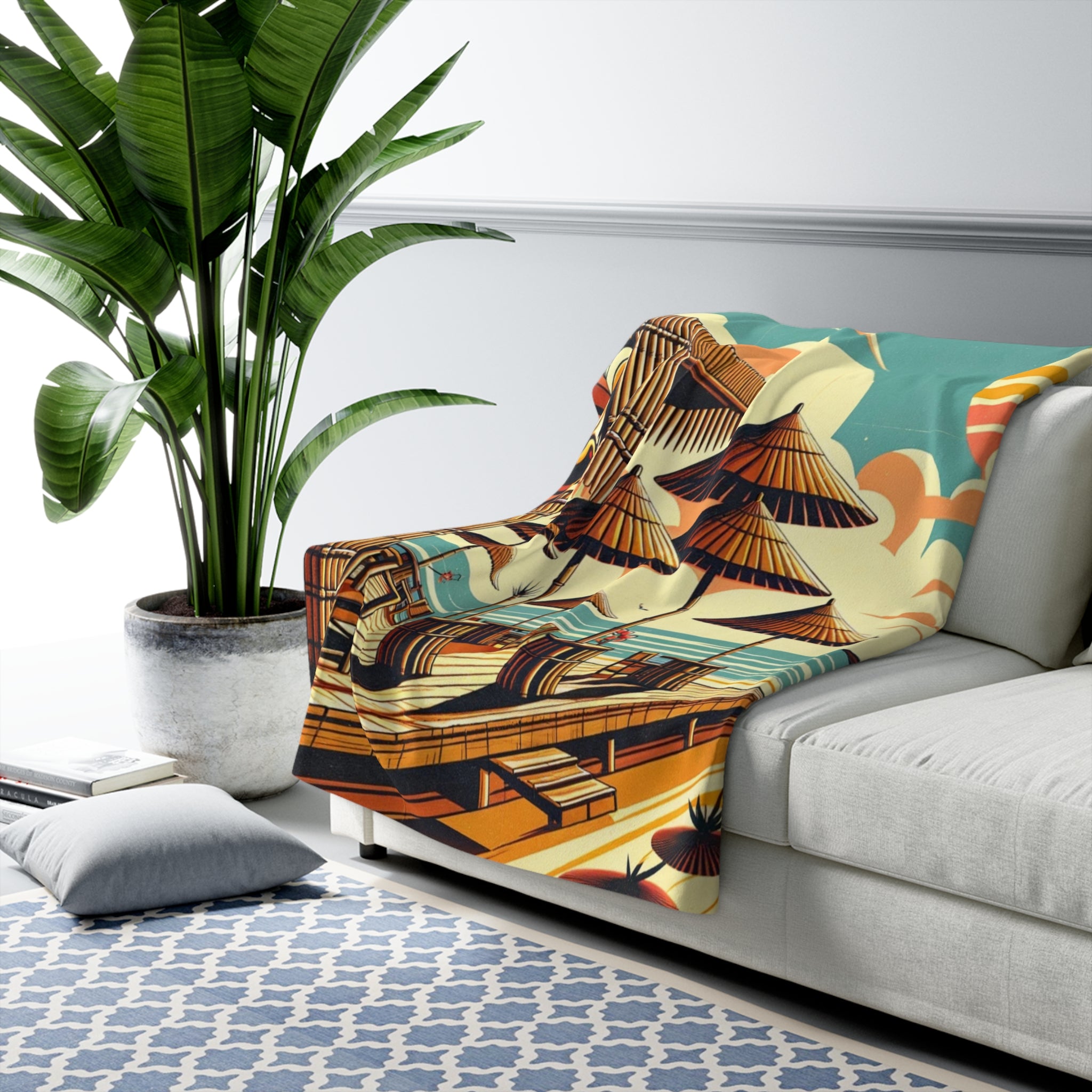 Mid Century Modern Retro Tiki Idol, Tiki Bar, Sunset Beach, MCM Sherpa Fleece Blanket - Mid Century Modern Gal