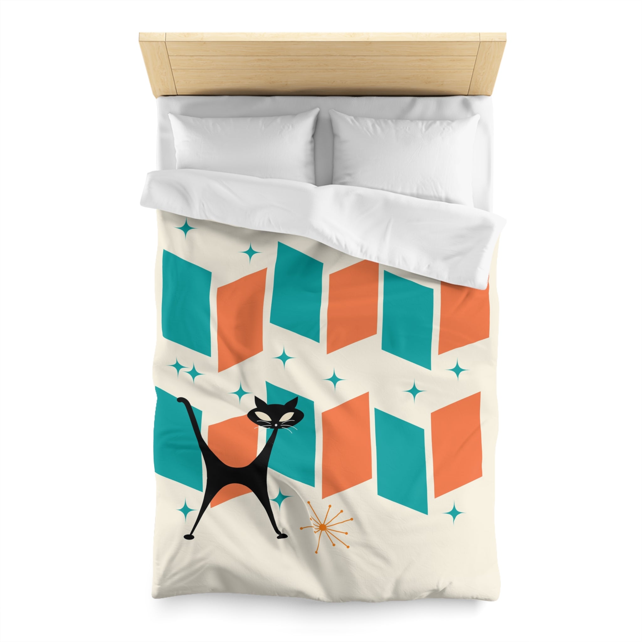 Mid Century Modern Orange, Teal, Retro Mod Duvet Cover With Atomic Cat Design - Mid Century Modern Gal