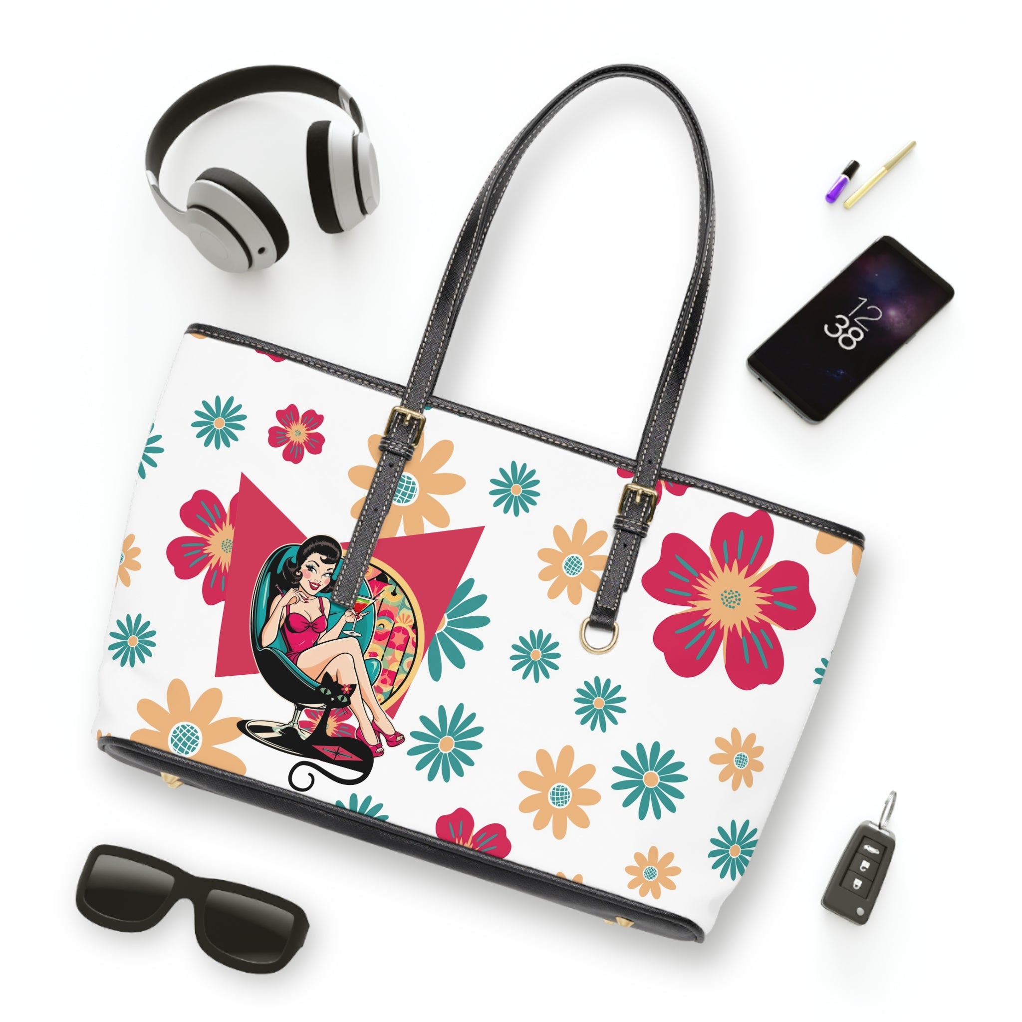 Mid Century Modern Gal Signature Handbag, Retro Mod Floral Spring Summer Shoulder Bag | Atomic Cat Floral & Retro Design - Mid Century Modern Gal