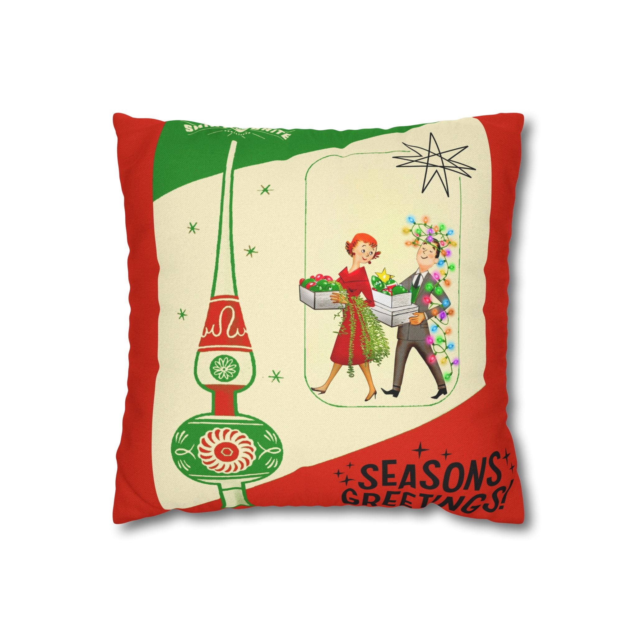Shiny Brite Holiday Pillow Cover, Mid Century Modern Kitschy Couple Season Greetings - Mid Century Modern Gal
