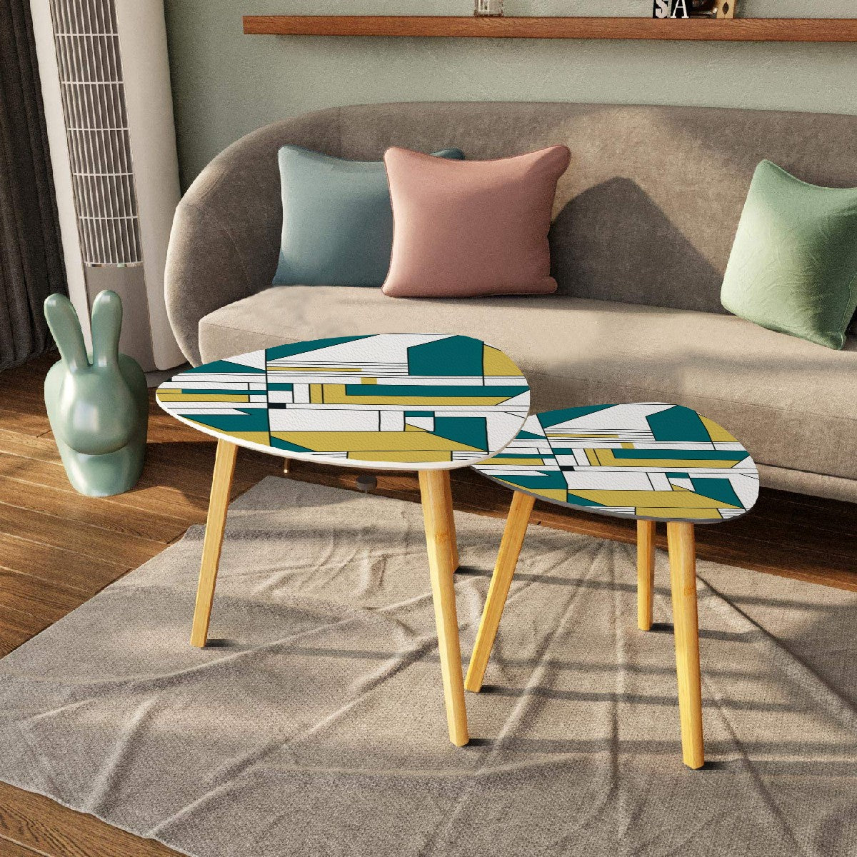 High Moderism International Style Bauhuas Mod Nesting Tables, Teal Green Motif - Mid Century Modern Gal