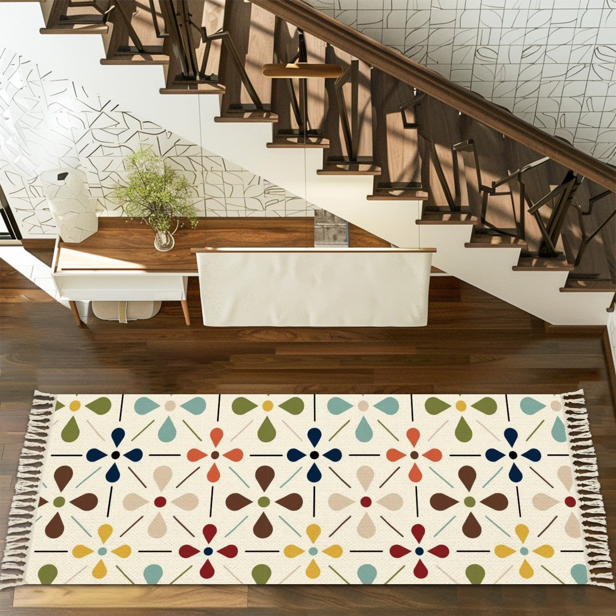Scandinavian Modern Danish Floral Modern Rug Runner With Tassels - Mid Century Modern Gal