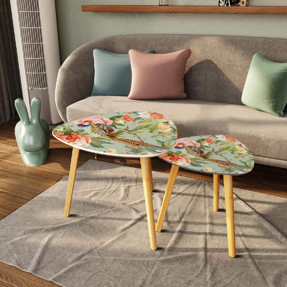 Chinoiserie Pheasant Floral Designed Modern Nesting Tables, Side Tables - Mid Century Modern Gal