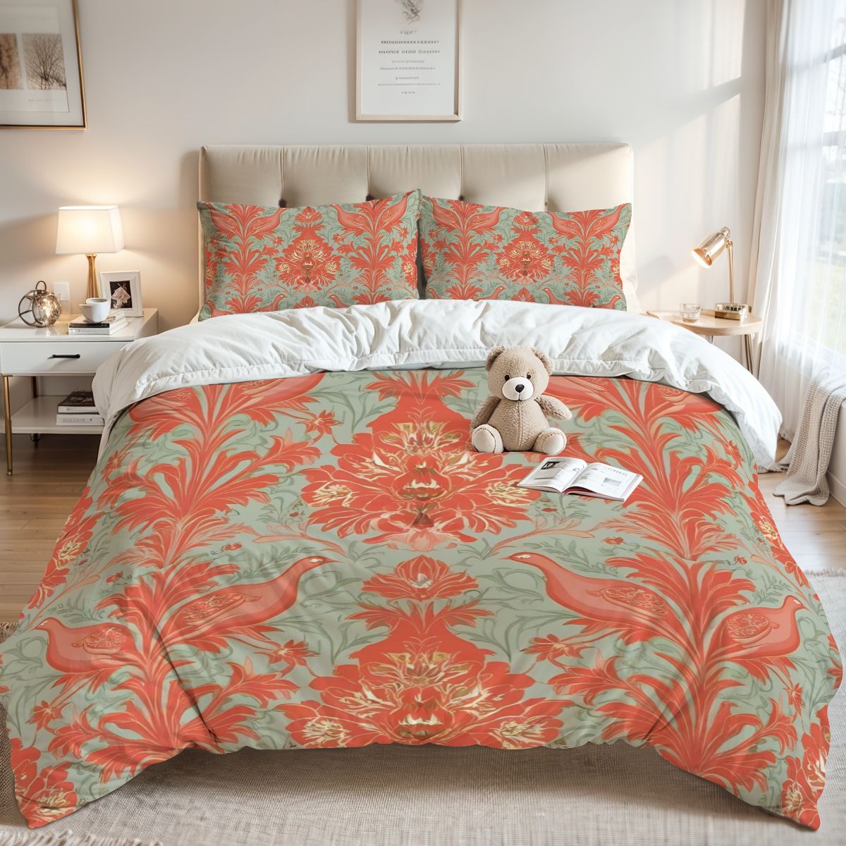 Chinoiserie Coral, Green Floral Botanicals Exotic Bird Queen Duvet Cover Set - Mid Century Modern Gal