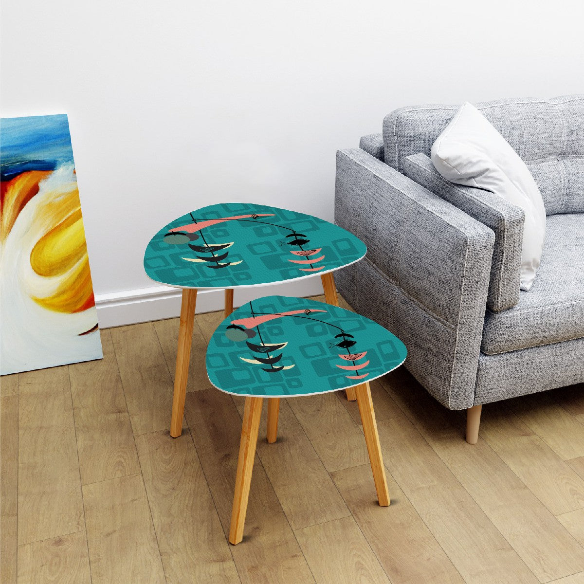 Mid Century Modern Fish Art Nesting Tables, Kitschy Mod Teal Geometric Pattern - Mid Century Modern Gal