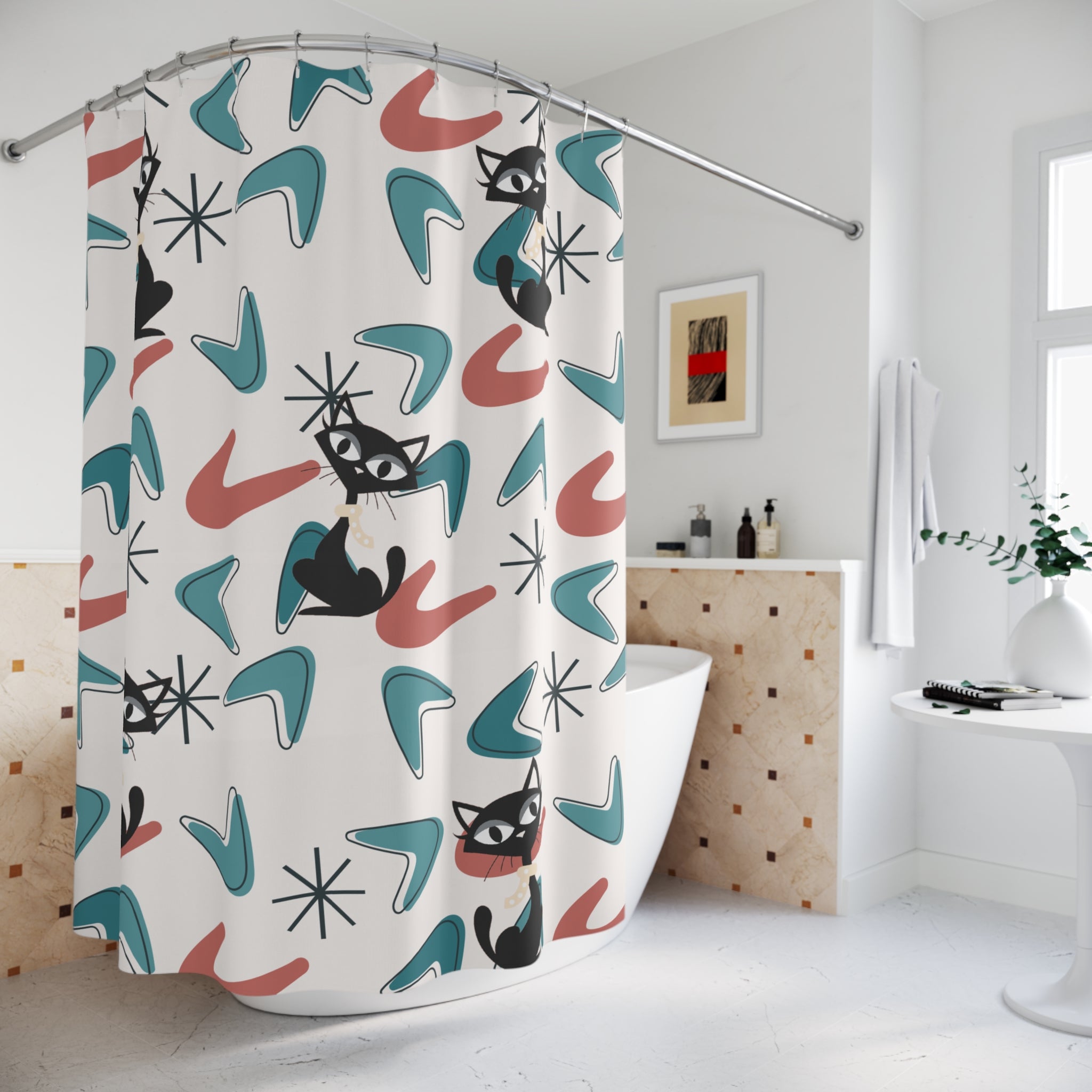 Atomic Cat Bathroom Shower Curtain, Kitschy MCM Boomerang Retro Bath Decor - Mid Century Modern Gal