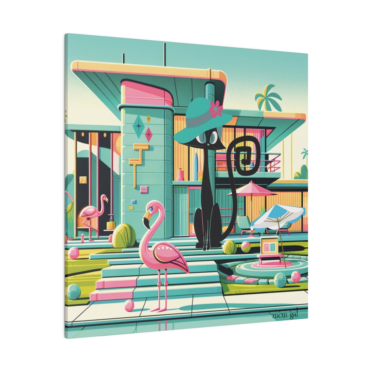 Mid Century Modern Wall Art, Atomic Kitty Cat, 50s Flamingo, Palm Springs Cali, Retro Pink, Aqua, Kitschy Canvas Art Canvas 32" x 32" (Square) / 0.75&