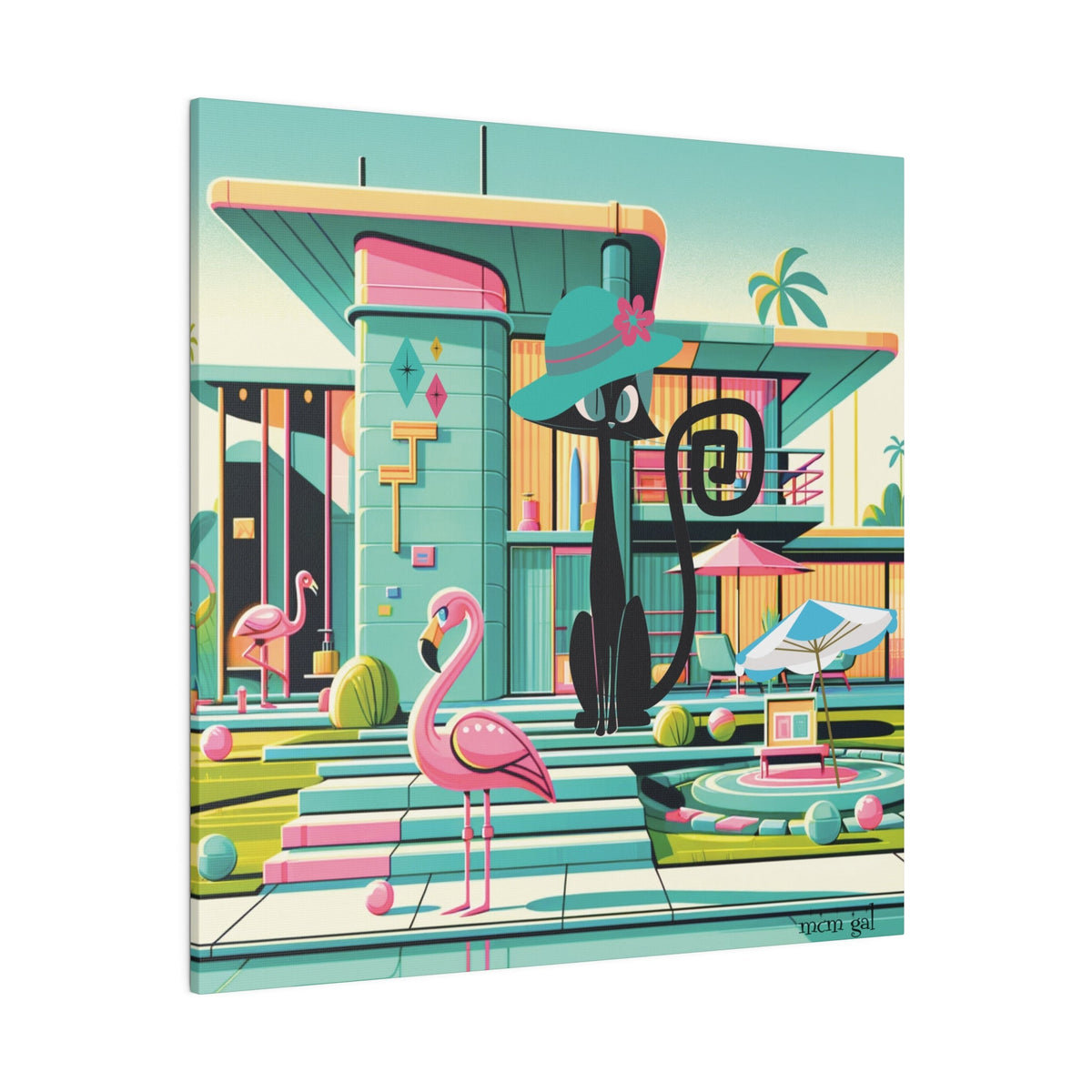 Mid Century Modern Wall Art, Atomic Kitty Cat, 50s Flamingo, Palm Springs Cali, Retro Pink, Aqua, Kitschy Canvas Art Canvas 32" x 32" (Square) / 0.75''