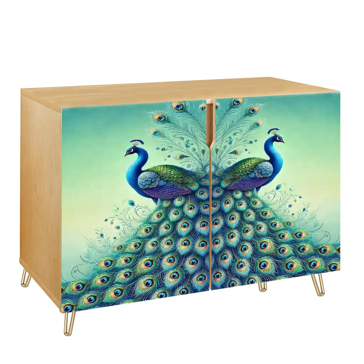 Floral Peacock Watercolor Designed Wooden Storage Cabinet - Mid Century Modern Gal
