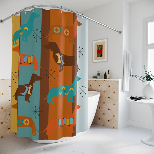 Mid Century Modern Colorful Dachshund Shower Curtain – Fun and Whimsical Bathroom Decor for Dog Lovers