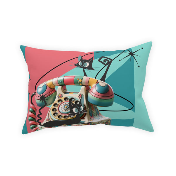 Atomic Cat Quirky Retro Rotary Phone, Kitschy Mid Mod, Pink, Aqua, Teal Broadcloth Pillow