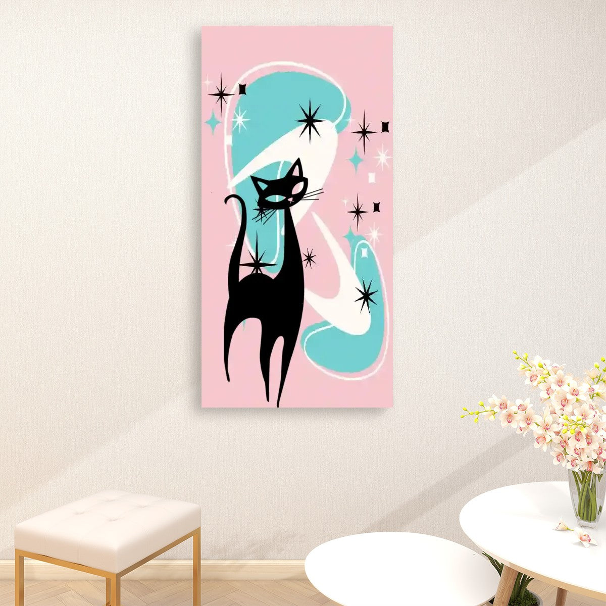 Atomic Cat Wall Art, Mid Century Modern Boomerang, Pink Aqua Large Canvas Print - Mid Century Modern Gal