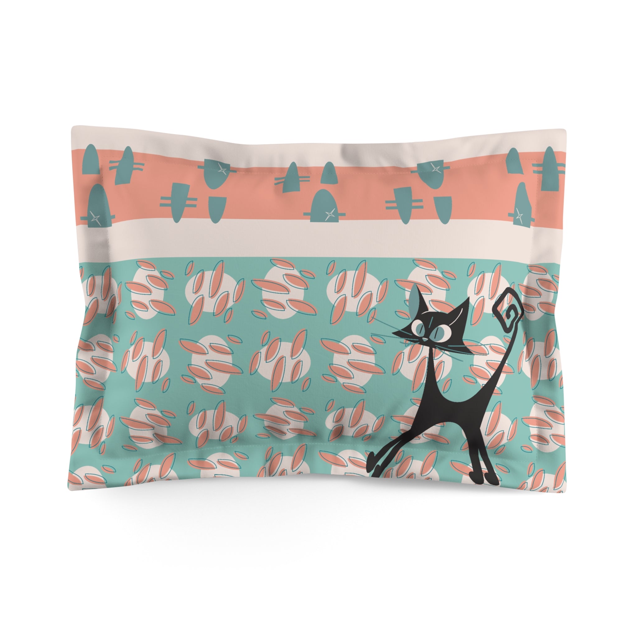 50s Nostalgic Atomic Cat Mid Century Modern Aqua, Coral Pink Peach, Kitschy Mid Century Modern Pillow Sham - Mid Century Modern Gal