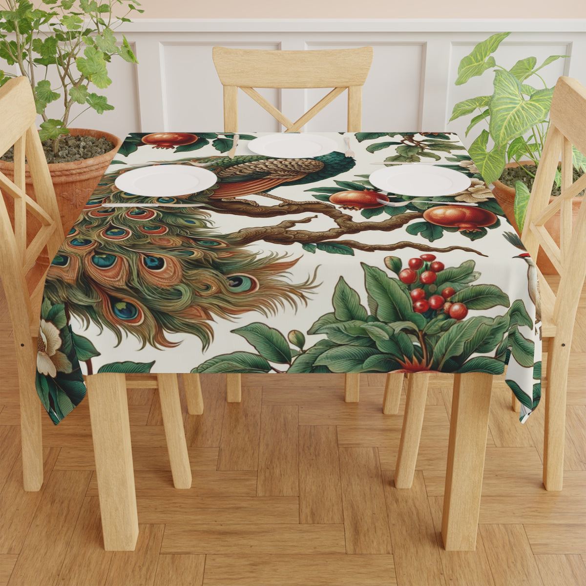 Asian Chinoiserie Peacock Floral Green Tablecloth, Vintage Roses On Pomegranate Tree Chinoiserie Fits Round or Square Table - Mid Century Modern Gal