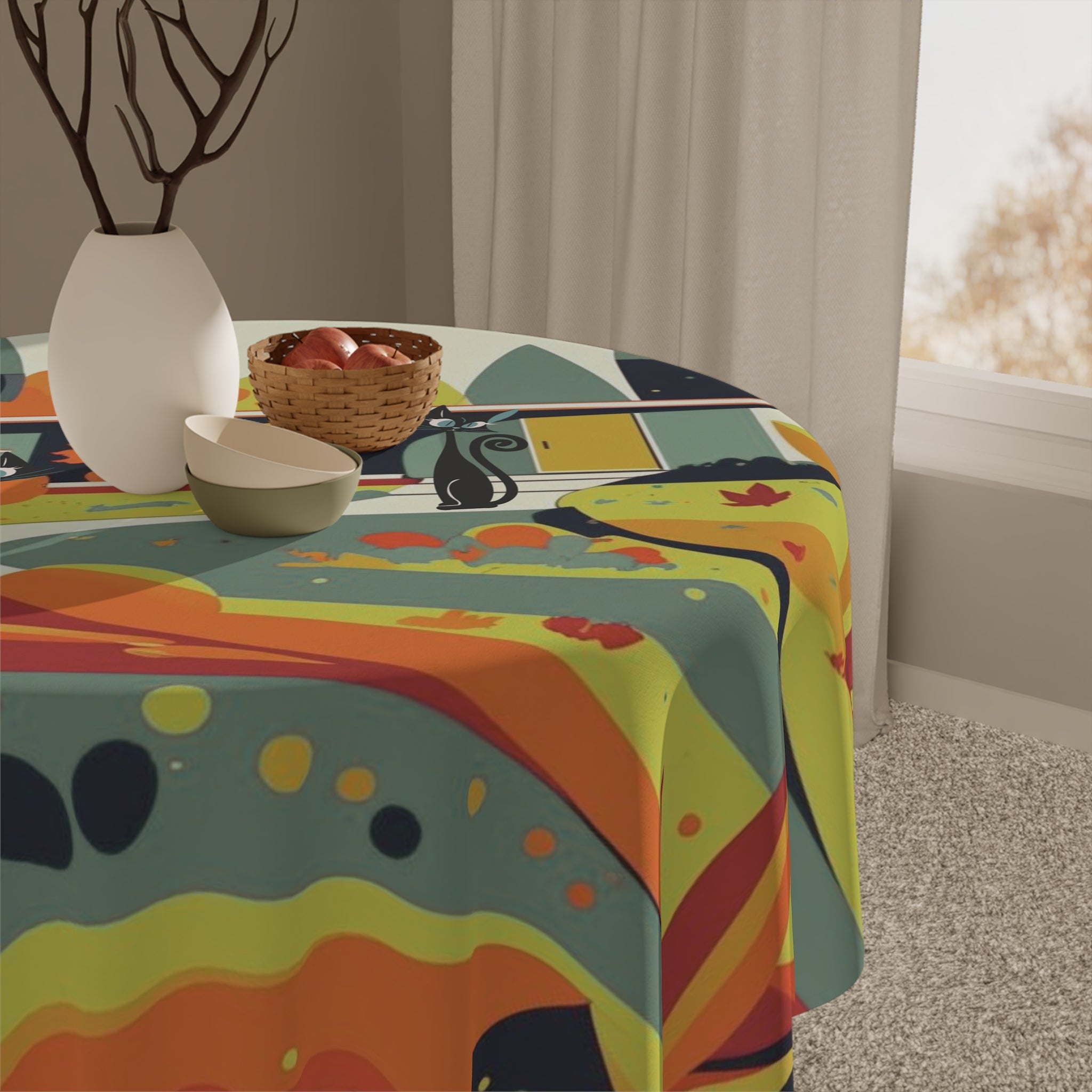 Scandinavian Fall Mid Century Modern Atomic Cat Kitschy Mod Seasonal Tablecloth - Mid Century Modern Gal