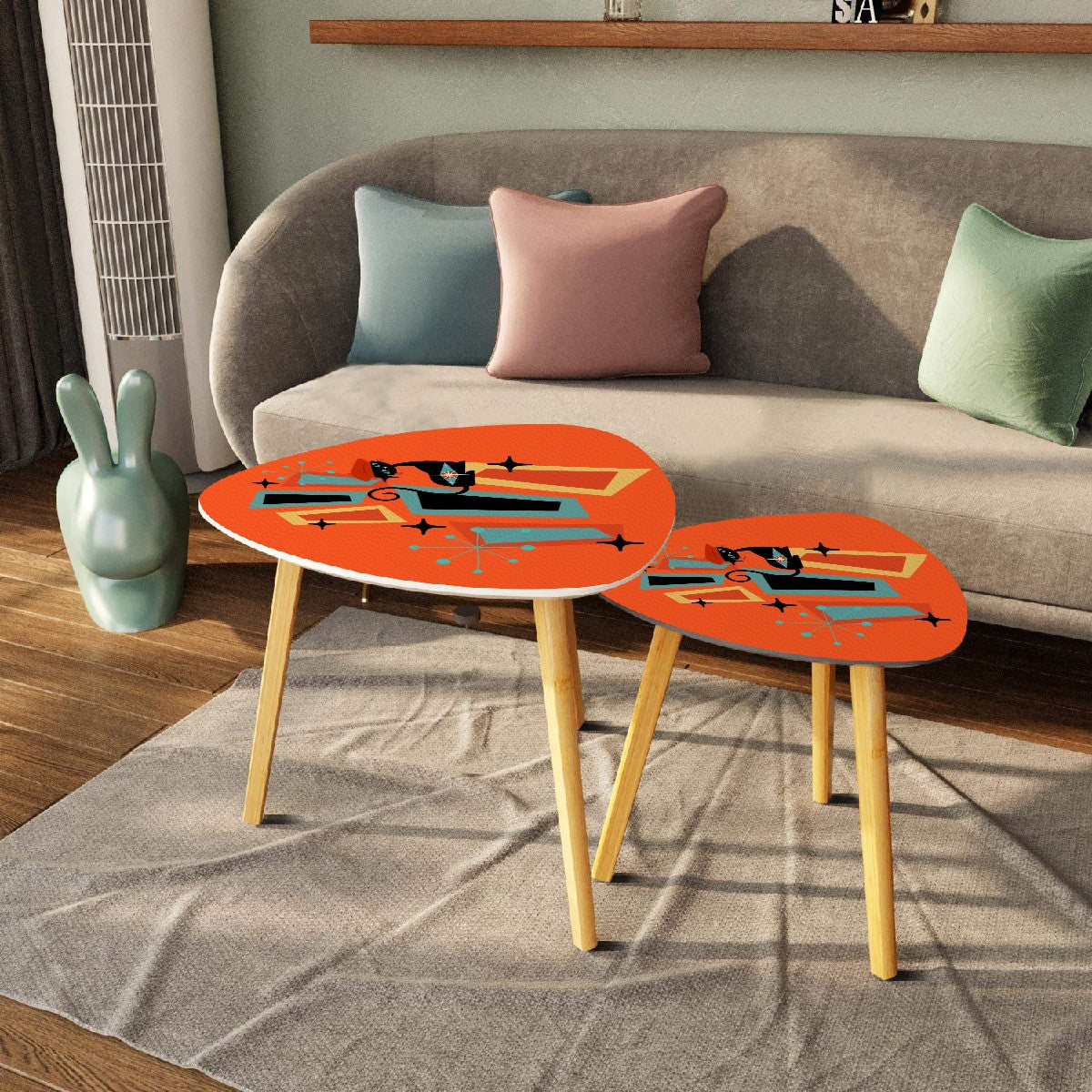 Mid Century Modern Nesting Tables, Orange, Atomic Kitschy Cat, Retro Triangle Coffee Table Set - Mid Century Modern Gal