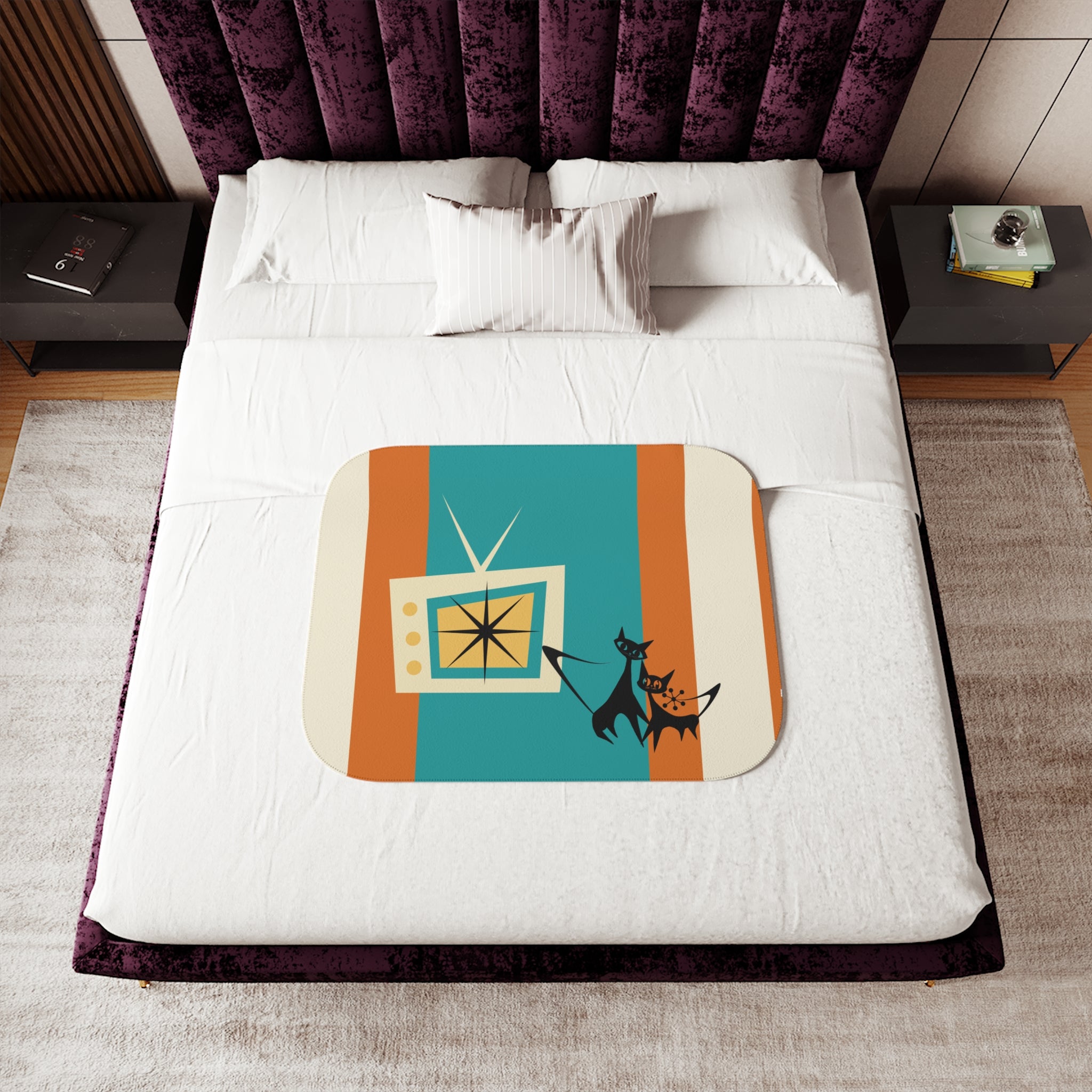 Atomic Kittie Cats, Mid Century Modern Teal, Orange Retro Cozy Cat-Themed Sherpa Blanket - Mid Century Modern Gal