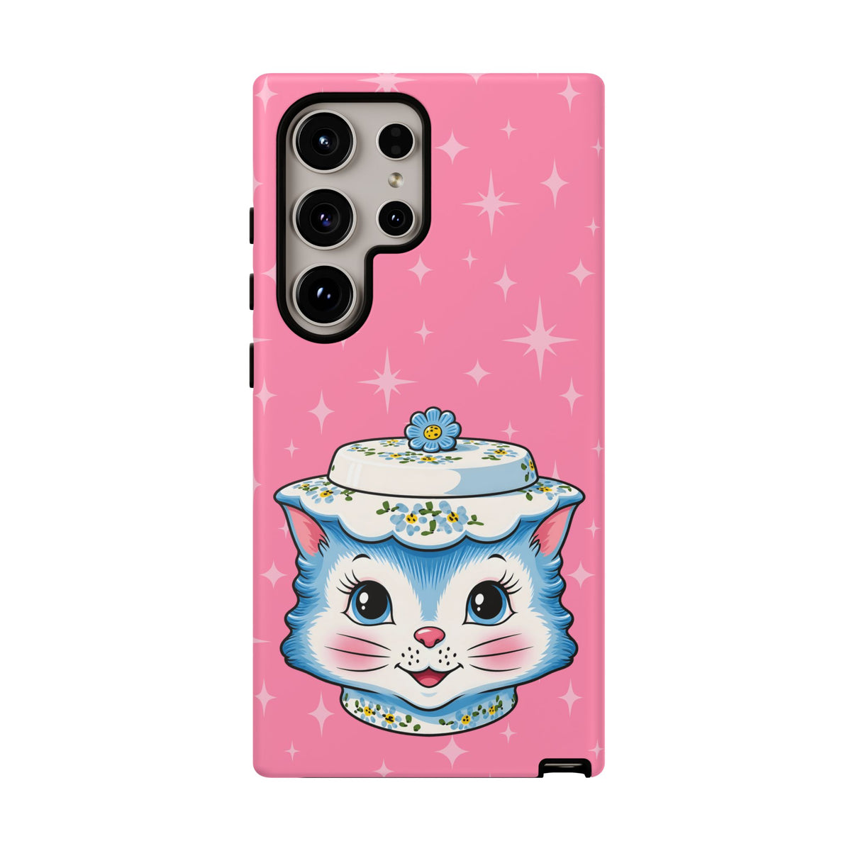 Mid Century Modern Kitschy Anthropomorphic Blue Cat with Floral Hat Tough Phone Case