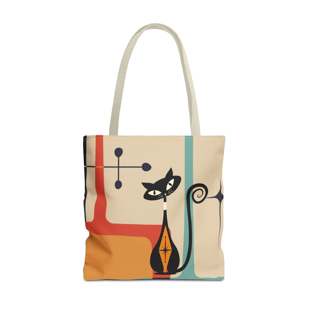 Mid-century modern tote bag featuring an atomic cat design with retro colors and geometric patterns.