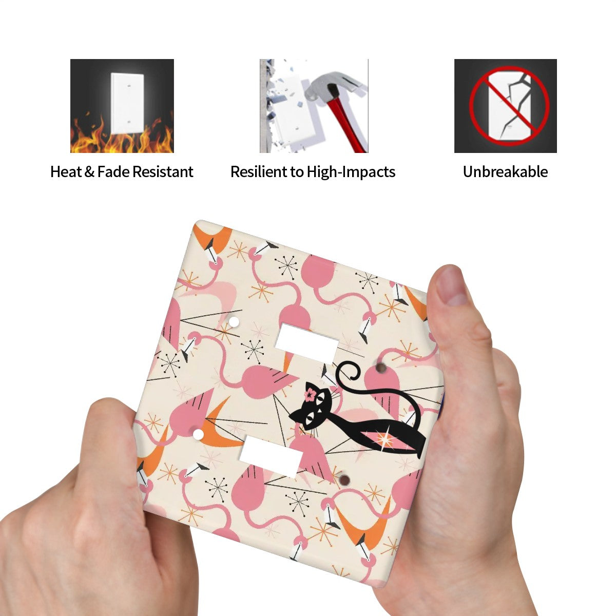 Flamingo And Atomic Cat Mid Mod Kitschy Pink Orange Retro Switch Cover 2-Gang 2 Toggle - Mid Century Modern Gal