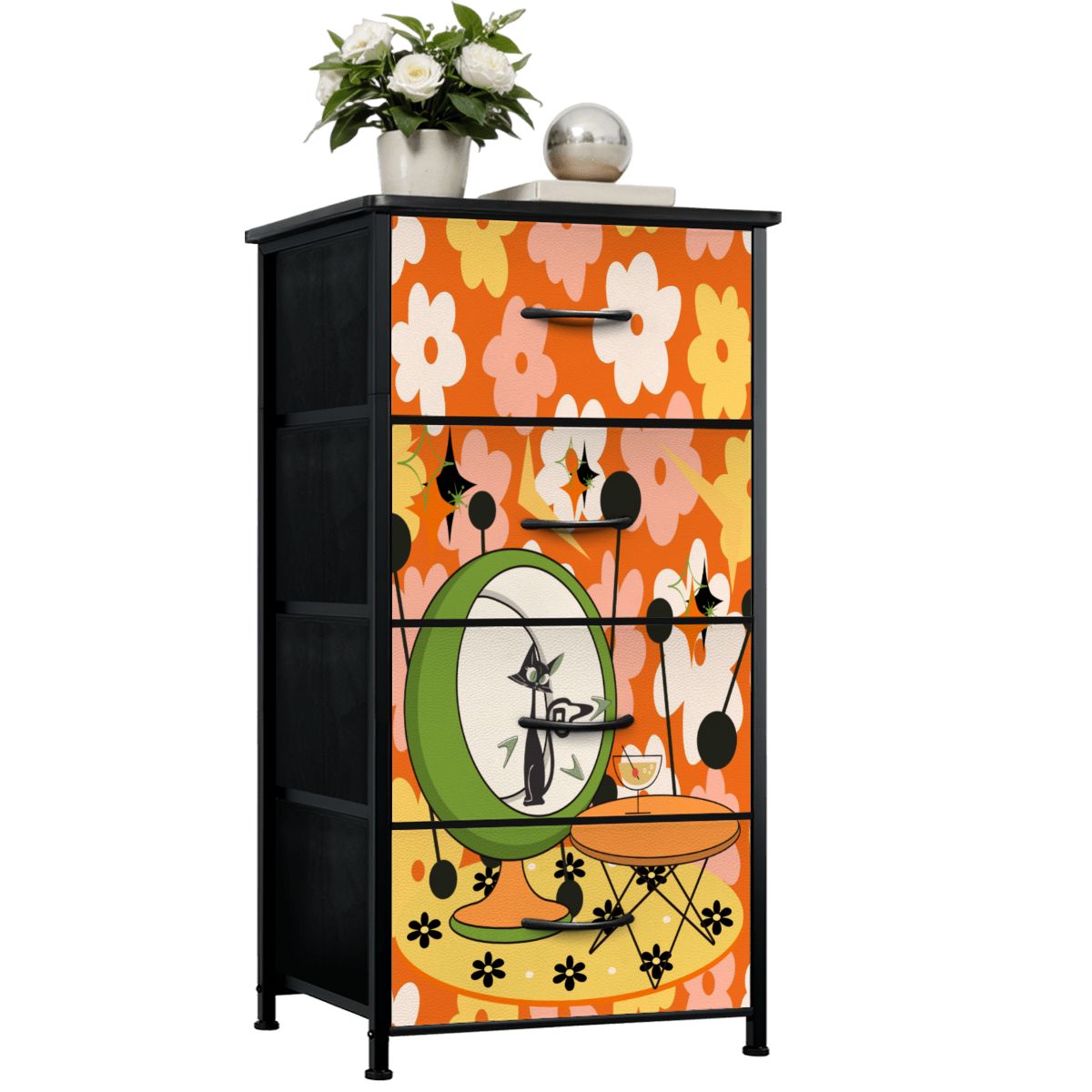 Retro Groovy Cat, Flower Power 70s Vibe, Kitschy Mid Mod 4-Drawer Dresser - Mid Century Modern Gal