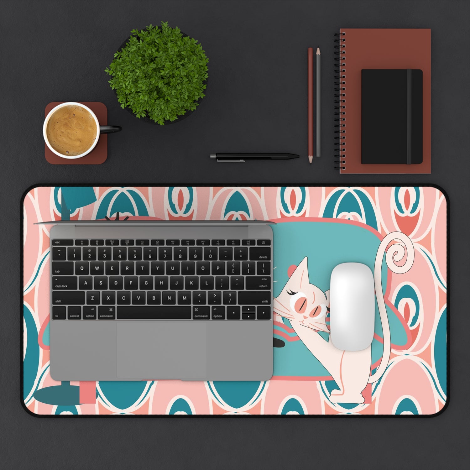 Mid Century Modern Atomic Cat Desk Mat, Pink, Teal, Cute And Kitschy Retro Office Decor - Mid Century Modern Gal