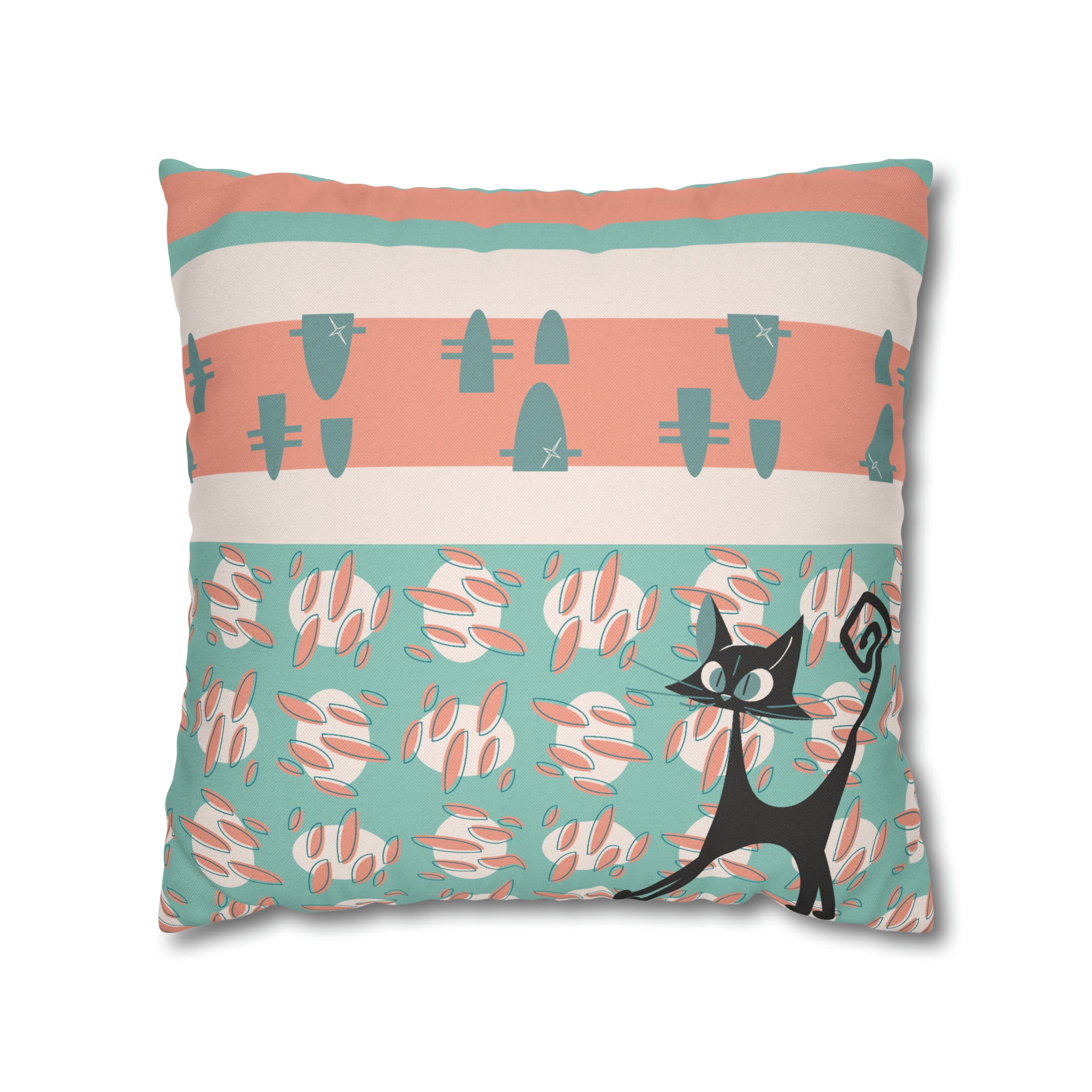 50s Nostalgic Atomic Cat Mid Century Modern Aqua, Coral Pink Peach, Kitschy Mid Century Modern Pillow Cover ONLY - Mid Century Modern Gal