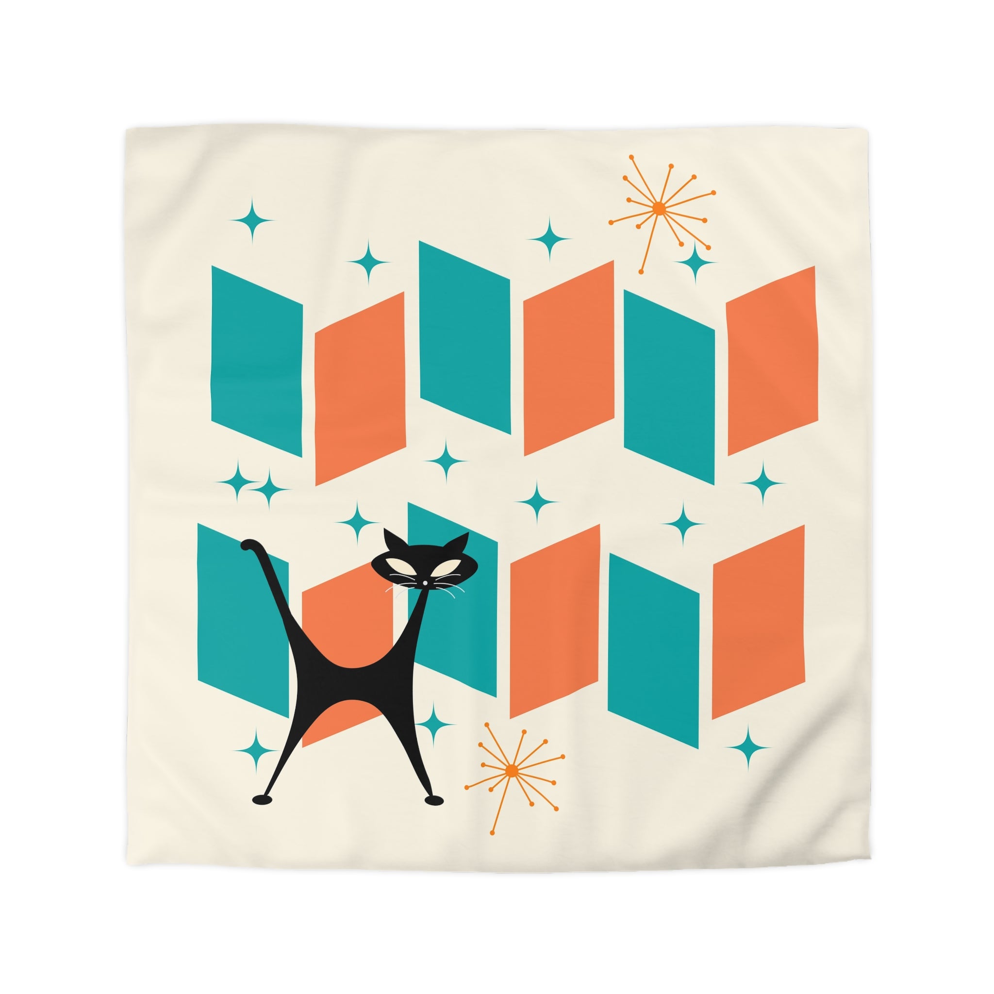 Mid Century Modern Orange, Teal, Retro Mod Duvet Cover With Atomic Cat Design - Mid Century Modern Gal