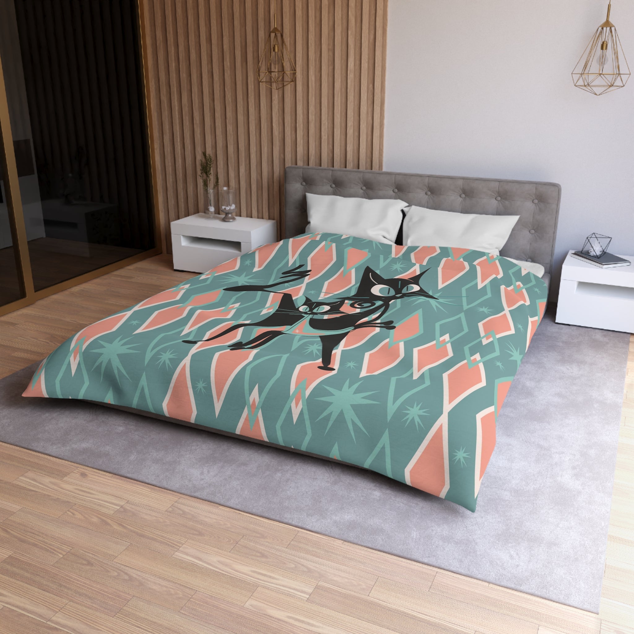 Atomic Cats Bedding, Pink, Aqua Harlequin Diamonds, Mid Century Moden Duvet Cover - Mid Century Modern Gal