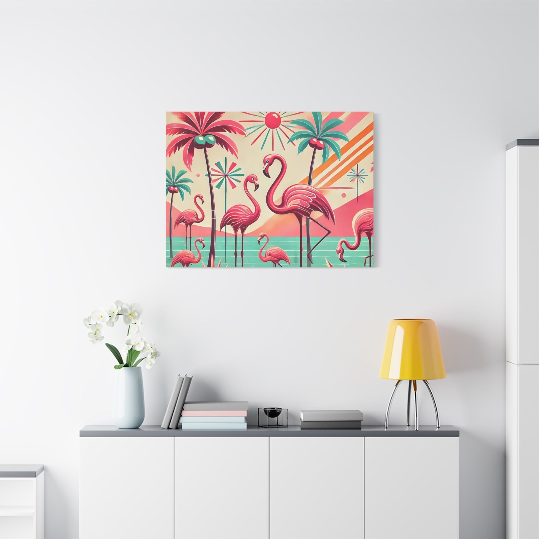 1950s Mid Century Modern Flamingo Art, Kitschy Pink, Teal, MCM Matte Canvas - Mid Century Modern Gal