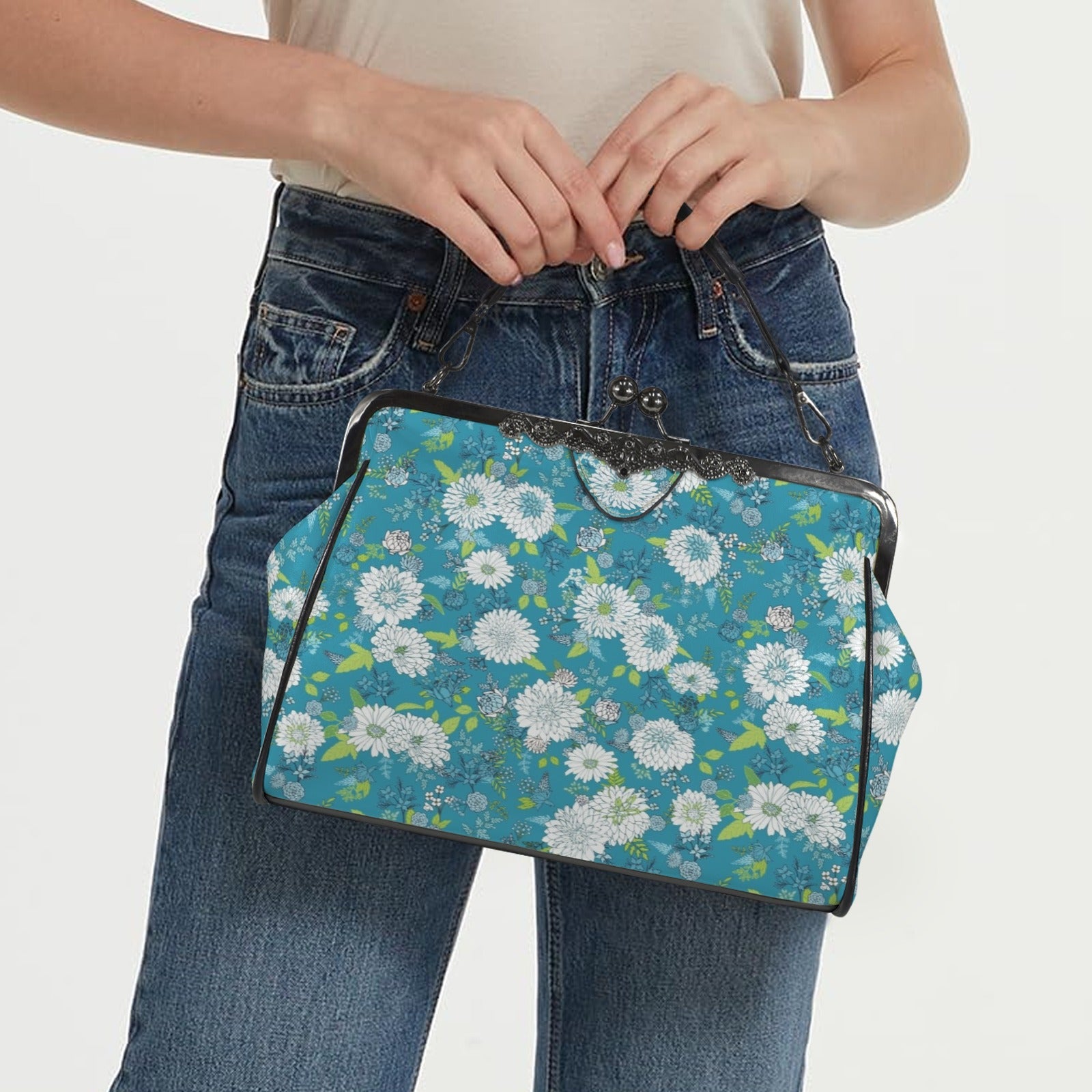 Chinoiserie Floral Teal Green White Elegant Kisslock Crossbody Purse - Mid Century Modern Gal
