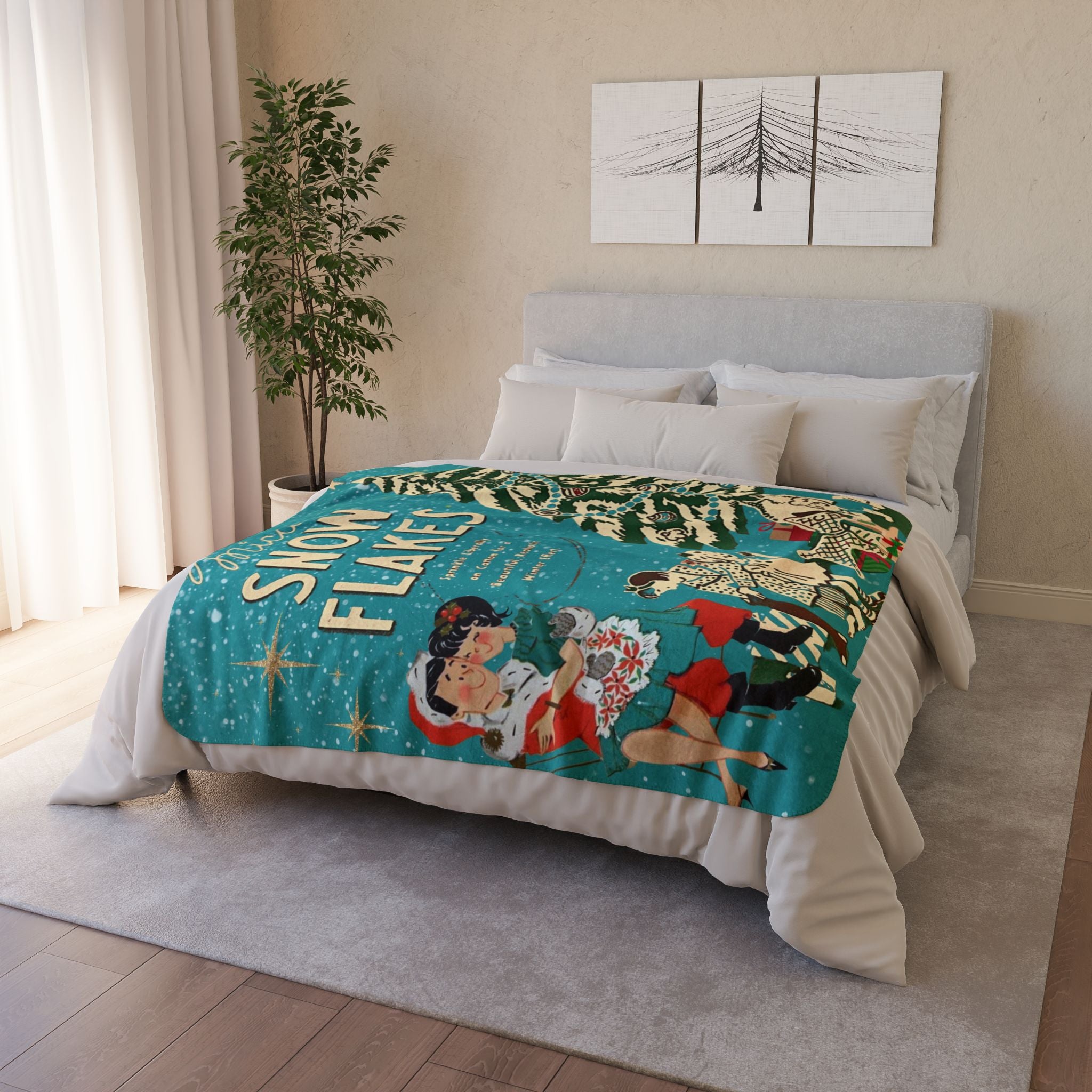 Christmas Stary Brite Ornaments, Kitschy Mod Teal Mica Snow 50s Christmas Velveteen Microfiber Blanket - Mid Century Modern Gal