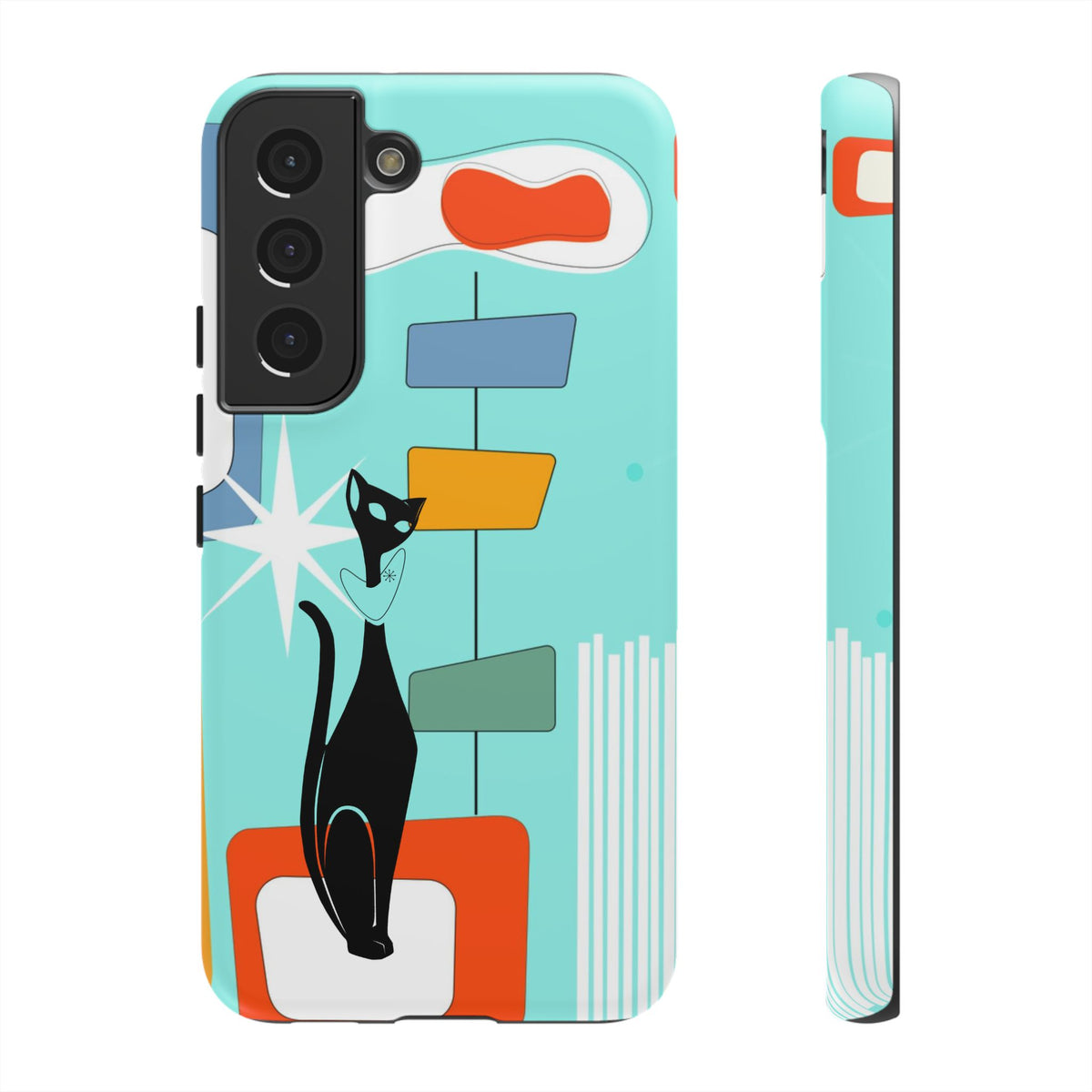 Atomic Cat, Mid Mod Aqua Blue, Geometric, Samsung, Google Pixel, Apple iPhone Tough Cases - Mid Century Modern Gal