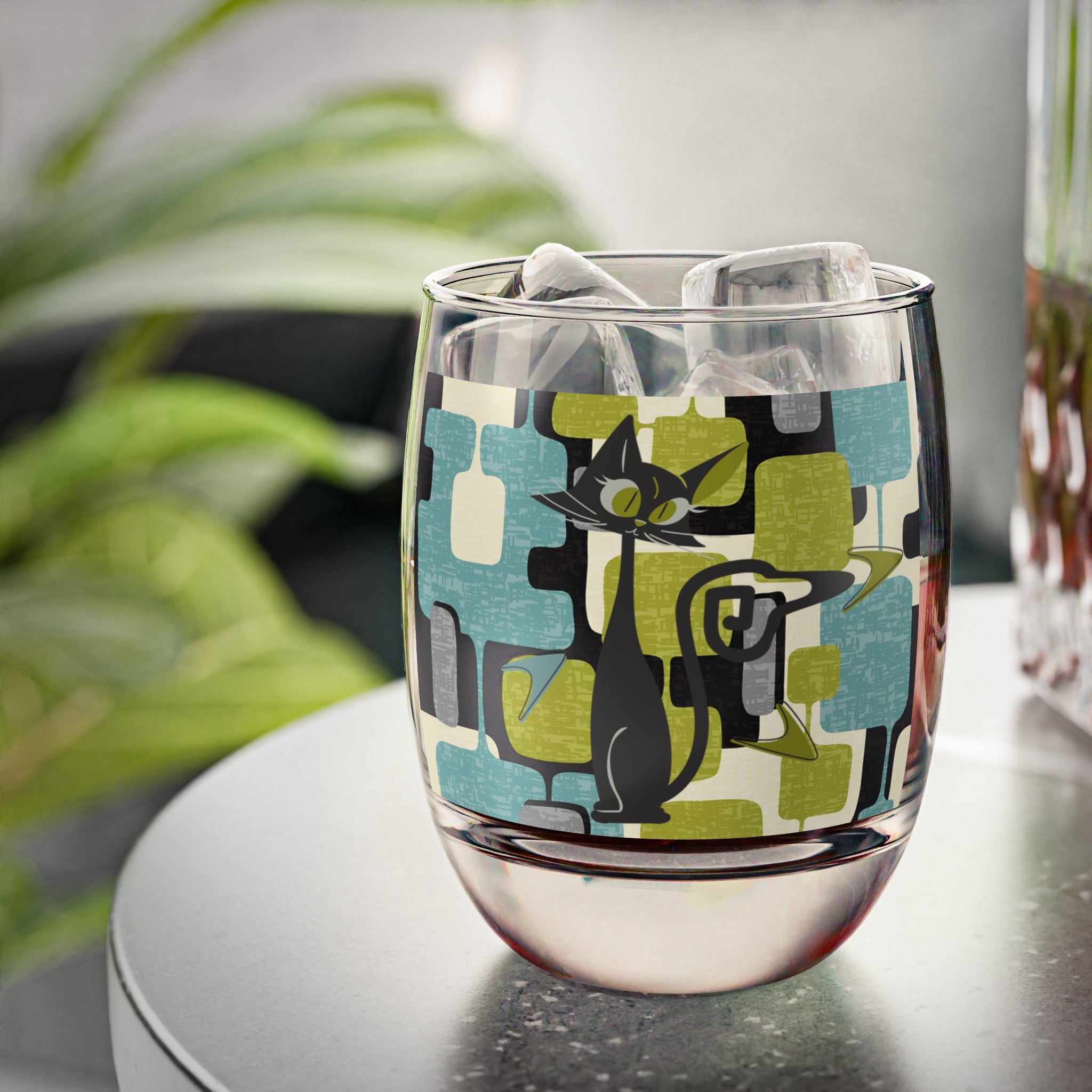 Atomic Cat Bar Glass, Mid Century Modern Barware With Geometric Designed 6 oz. Whiskey Glass - Mid Century Modern Gal