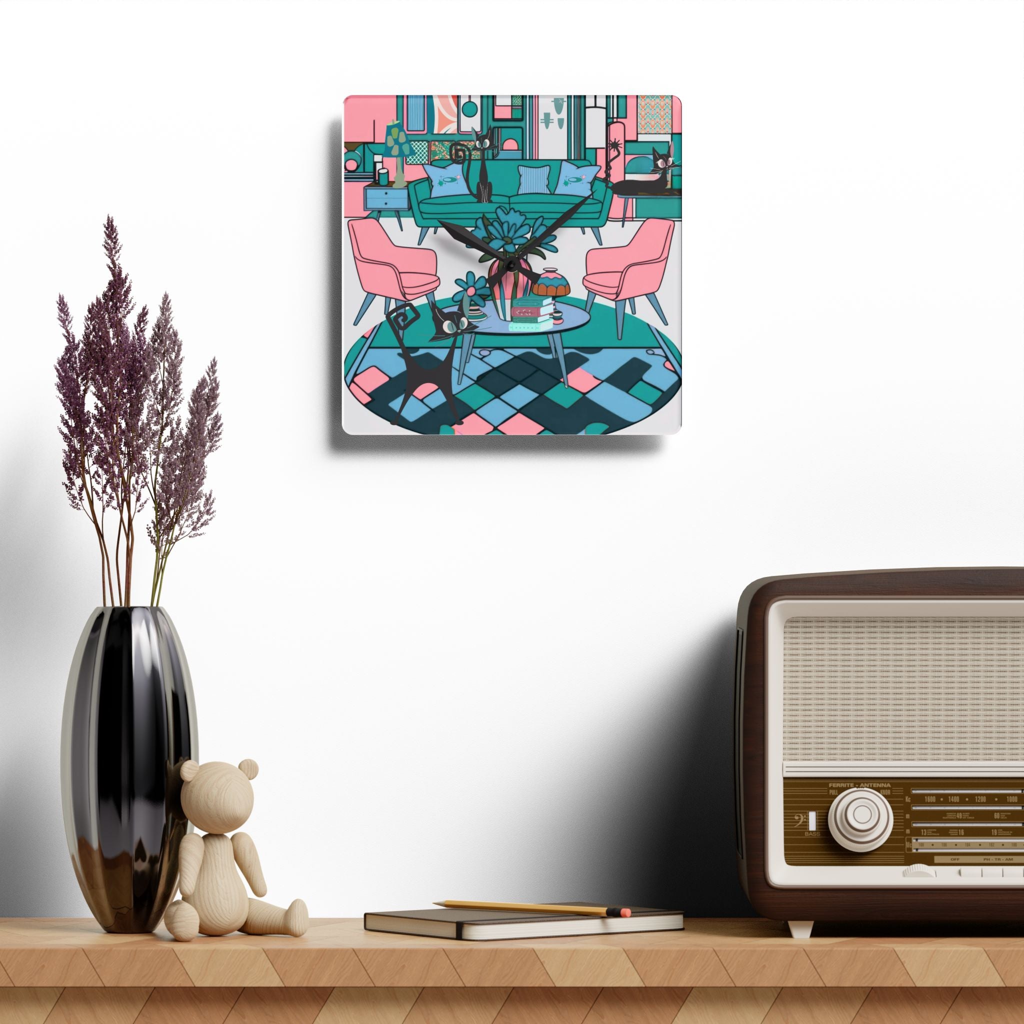 Retro Atomic Lounging Cats Mid Century Modern Kitschy Fun Wall Clock