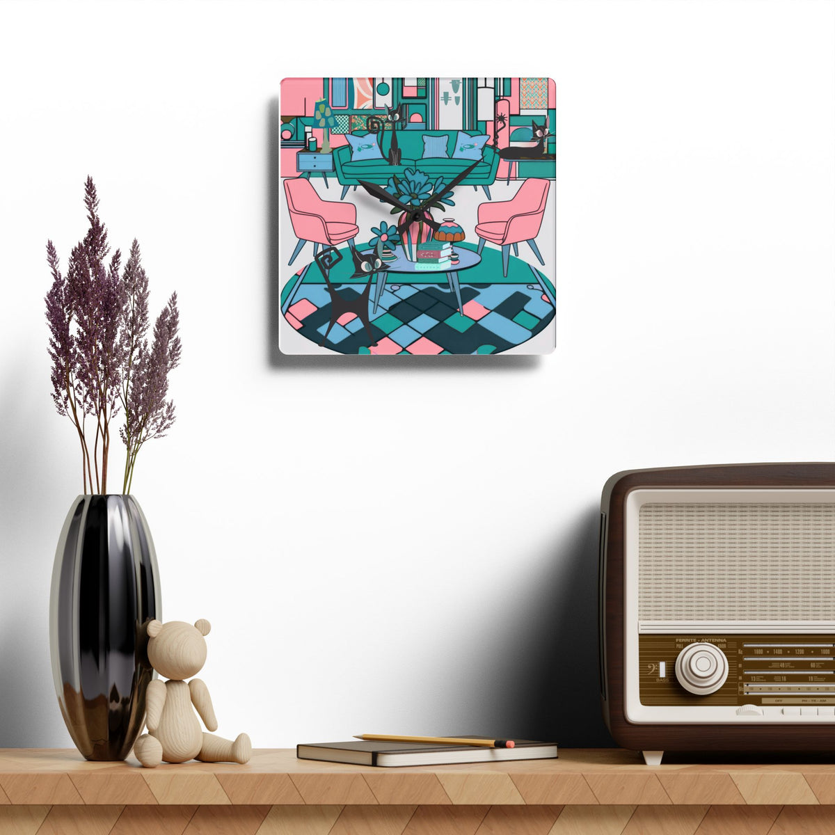 Retro Atomic Lounging Cats Mid Century Modern Kitschy Fun Wall Clock - Mid Century Modern Gal