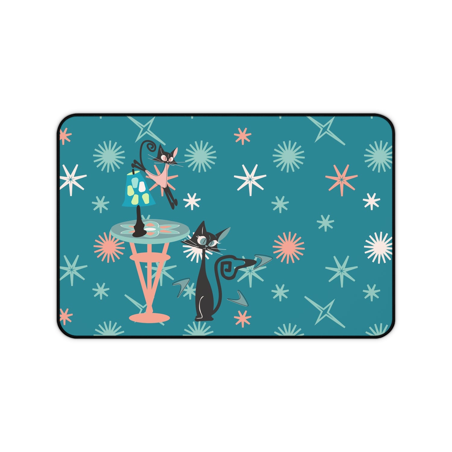 Atomic Cat Desk Mat, Kitschy Cute, Teal, Pink Starburst Mid Century Modern Office Decor - Mid Century Modern Gal