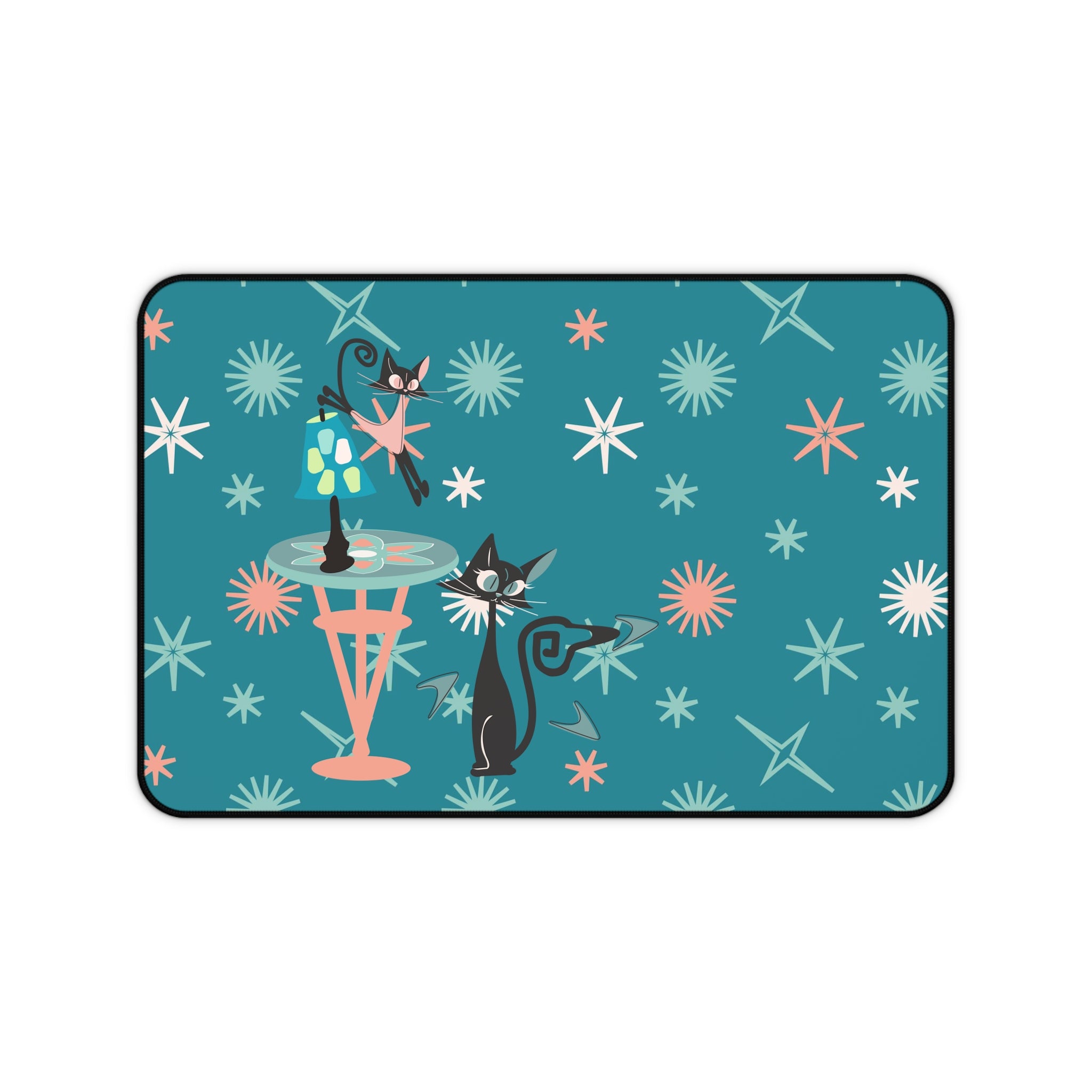 Atomic Cat Desk Mat, Kitschy Cute, Teal, Pink Starburst Mid Century Modern Office Decor - Mid Century Modern Gal