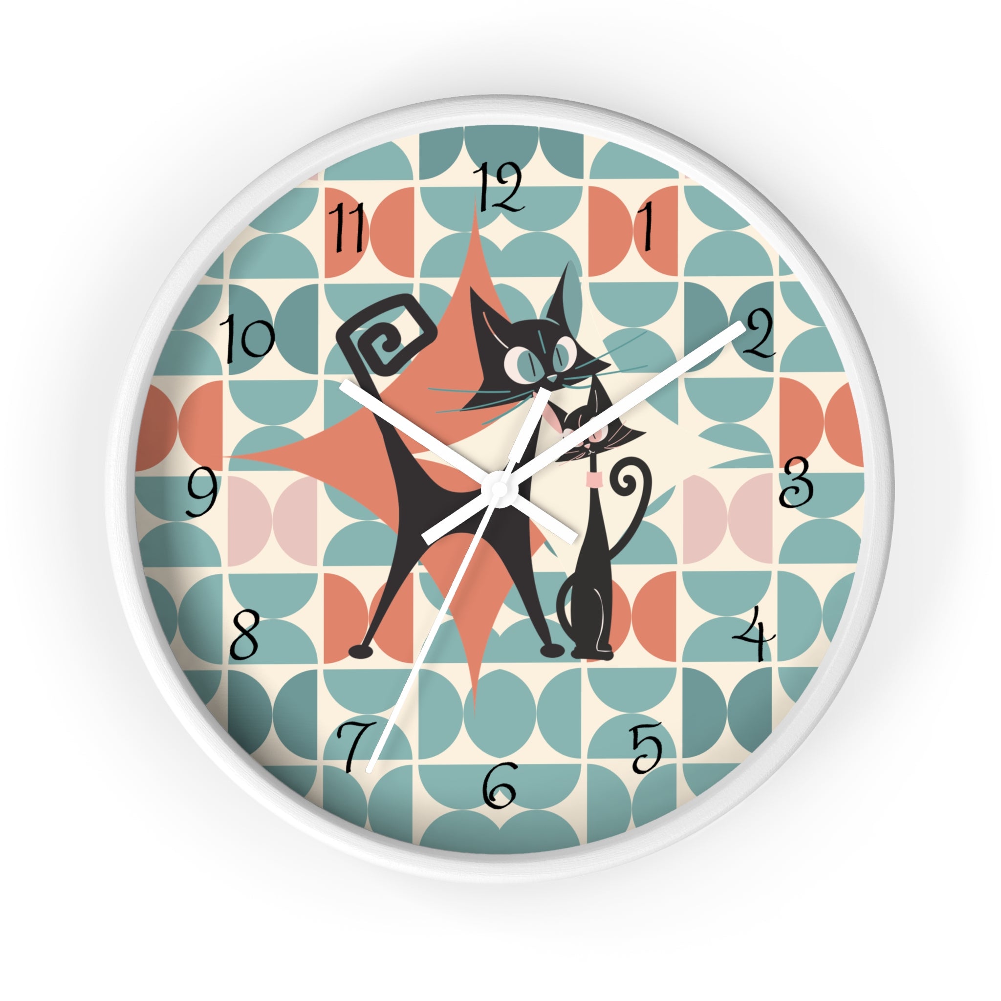 Kitchen Clock, Atomic Cat Retro Mid Century Modern Style With Scandinavian Designed Geometric Shapes, 50s Wall Clock For Cat Lovers - Mid Century Modern Gal