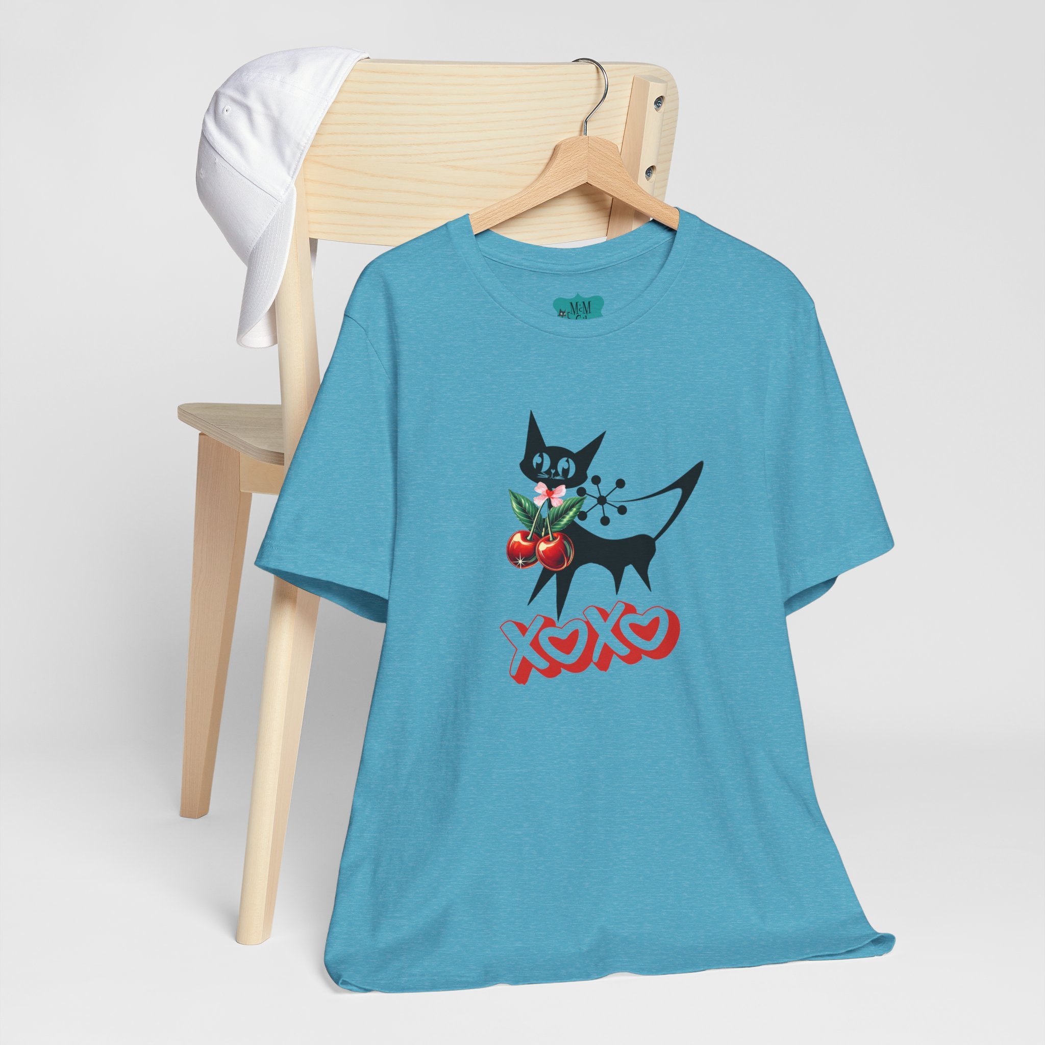 Atomic Cat Valentine Retro Cherries, Playful Cat Graphic Tee, XOXO Love Shirt, Gift for Cat Lovers, Fun Atomic Cherry 50s Fashion - Mid Century Modern Gal