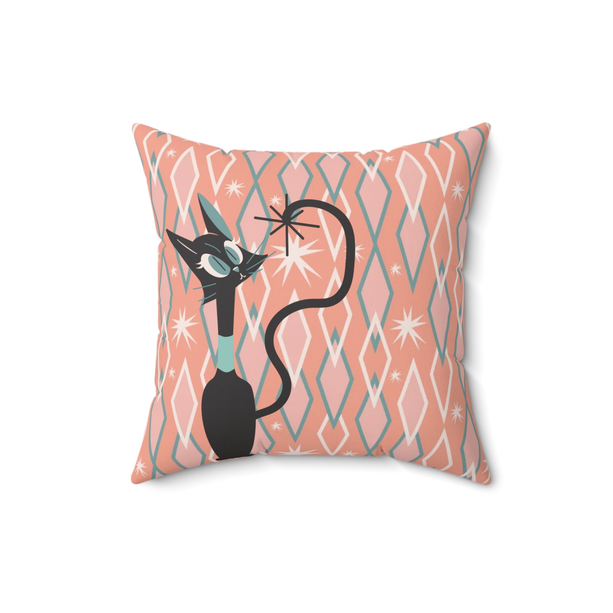 Atomic Cat, Quirky Kitsch Mid Century Modern Diamond Pattern Pillow And Insert - Mid Century Modern Gal