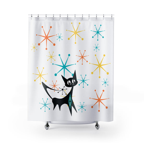 Atomic Cat Starbursts Atomic Mid Mod Colorful Retro Cat Shower Curtain - Fun Bathroom Decor