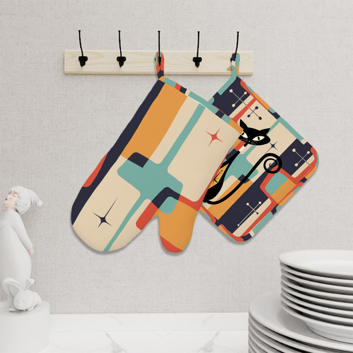 Atomic Cat Mid Century Modern Geometric Designed Oven Mitts and Pot Holders Sets (Right Hand) - Mid Century Modern Gal